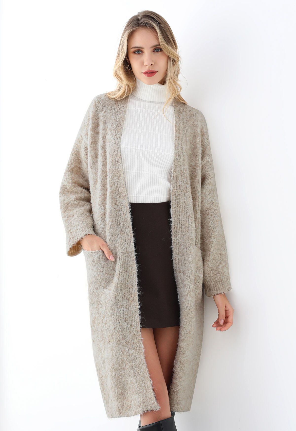 Mix-Knit Fuzzy Longline Cardigan in Oatmeal