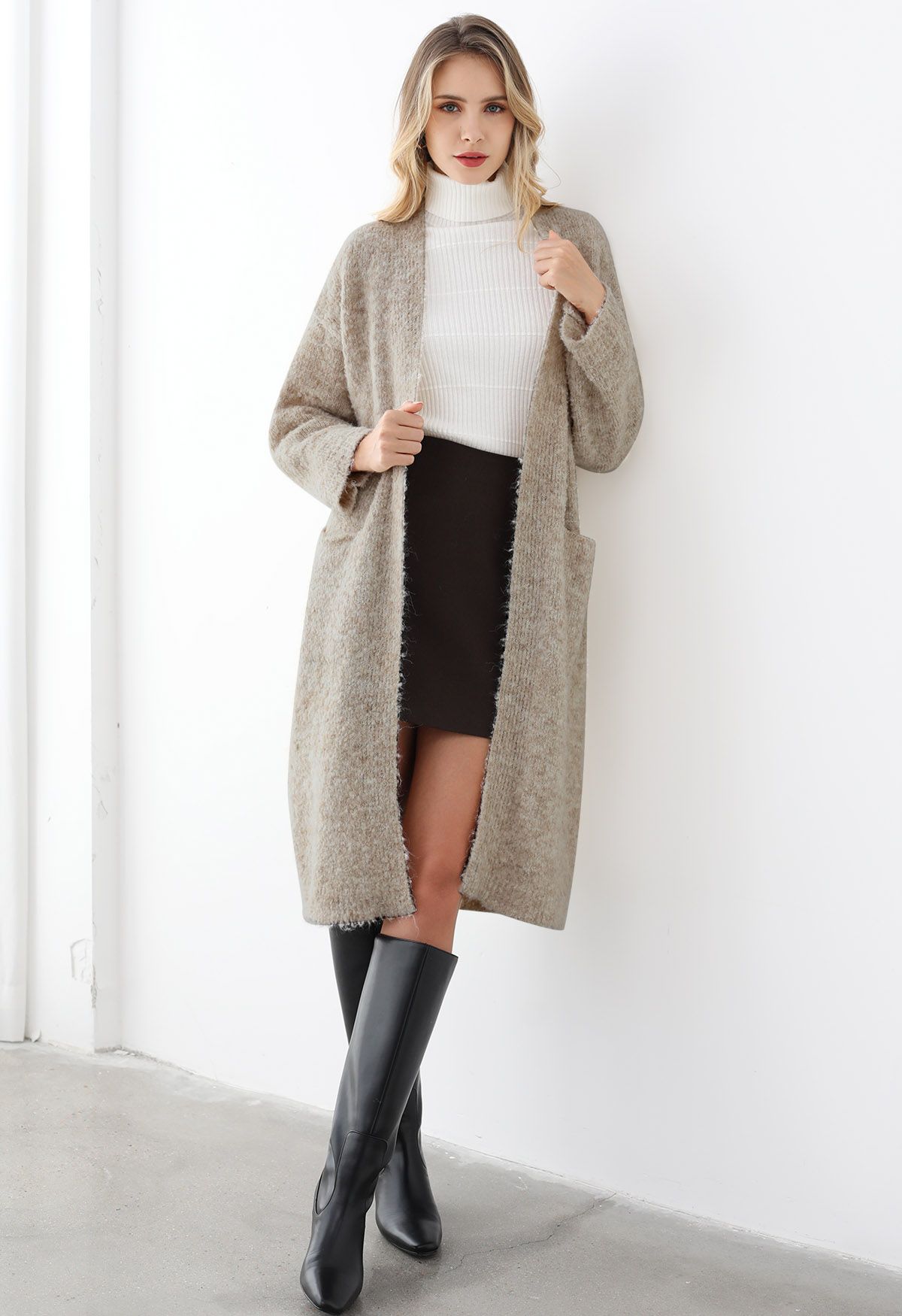 Mix-Knit Fuzzy Longline Cardigan in Oatmeal