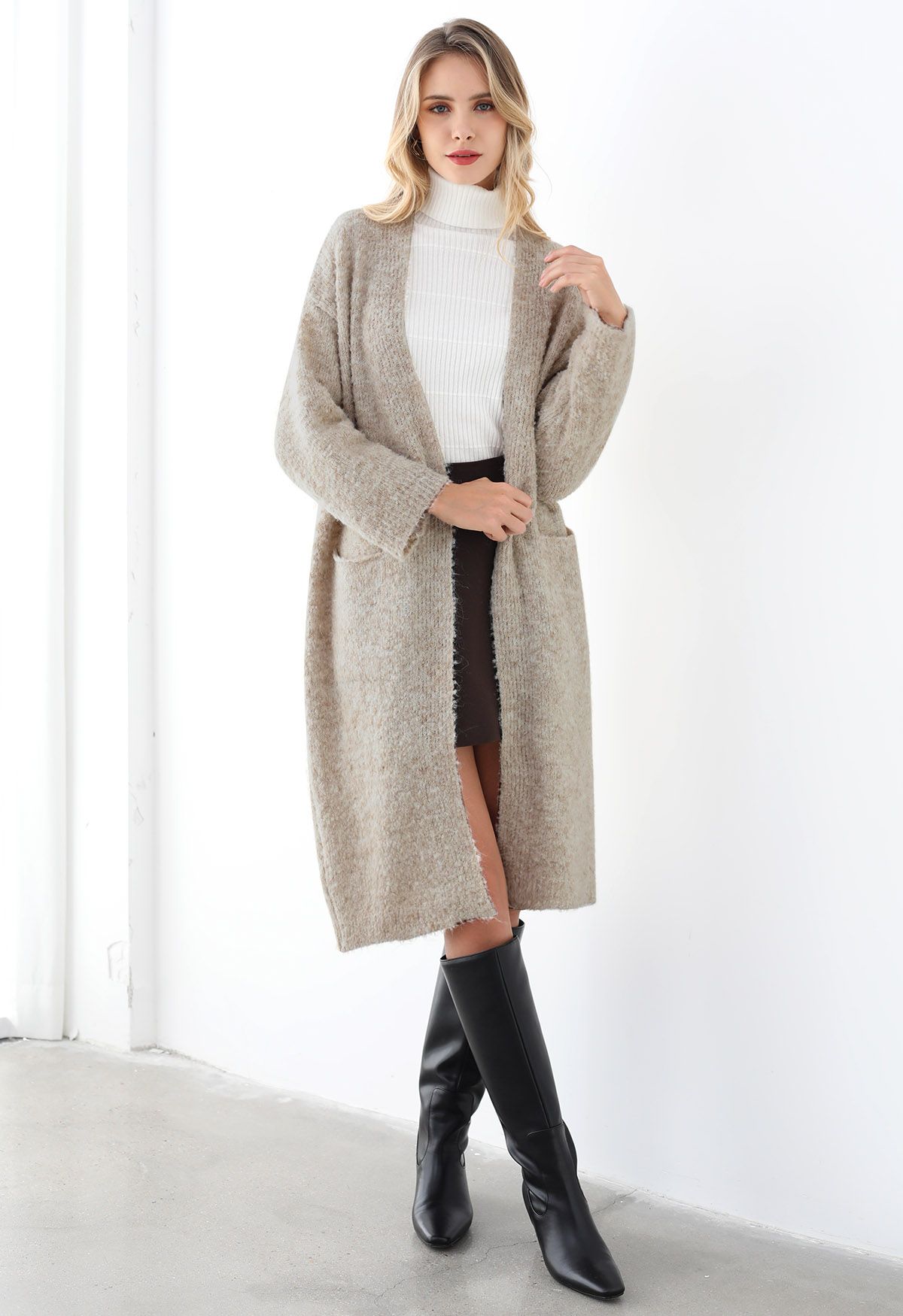 Mix-Knit Fuzzy Longline Cardigan in Oatmeal