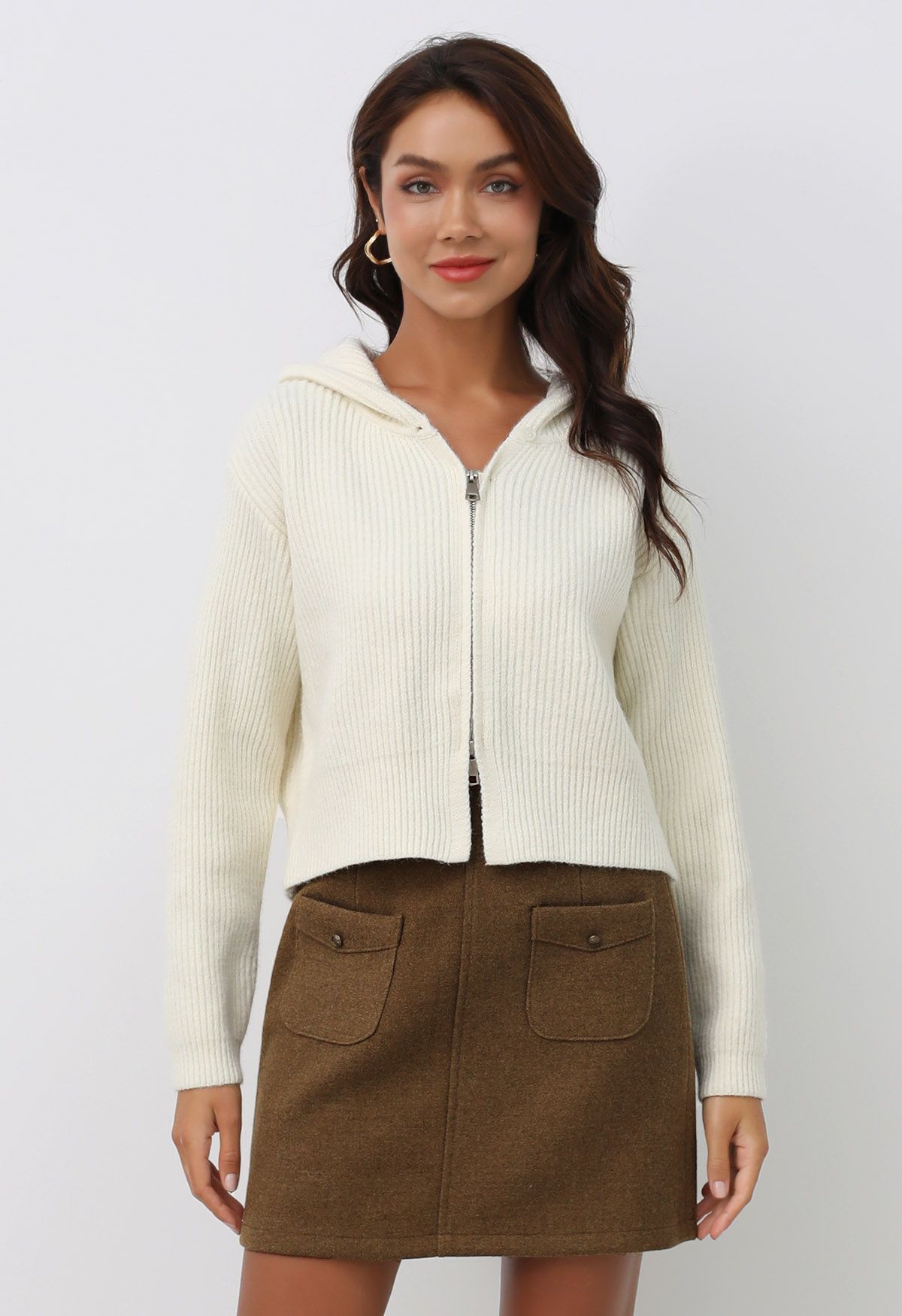 Retro Button Patch Pockets Mini Bud Skirt in Camel