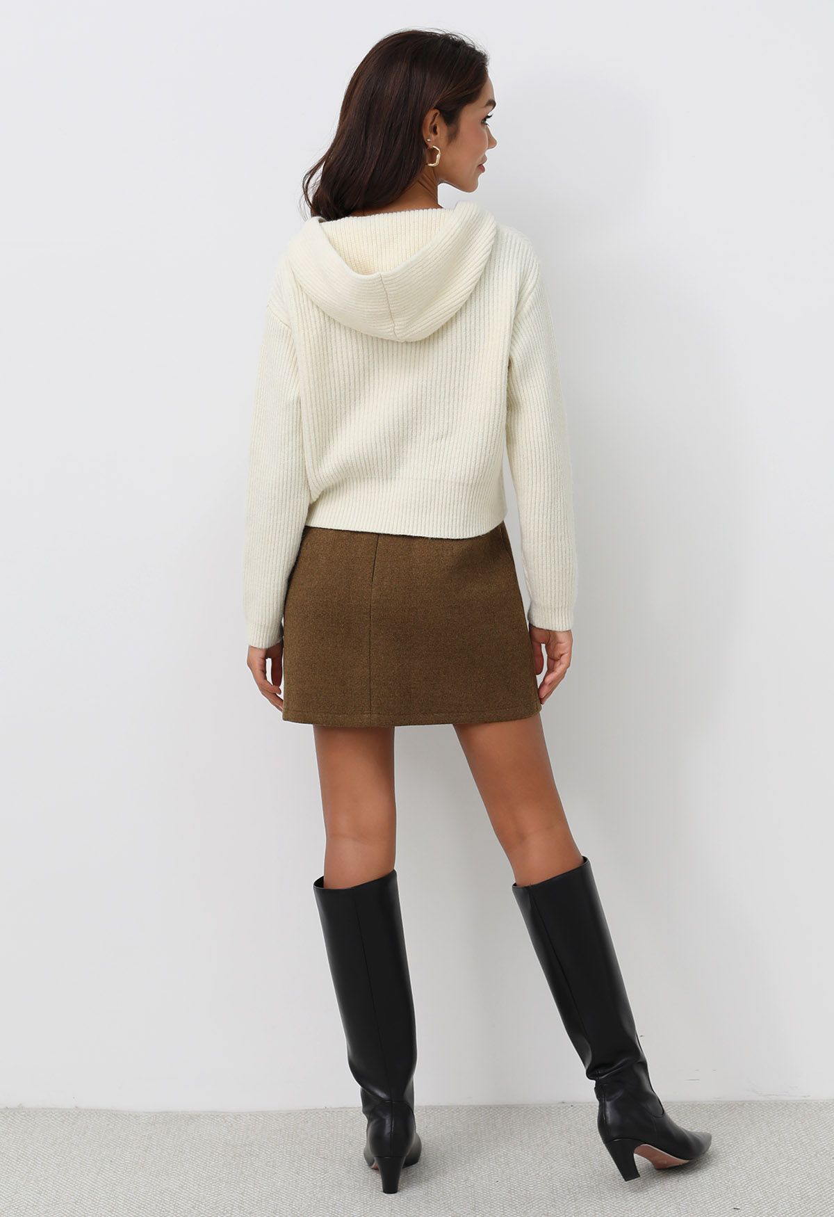 Retro Button Patch Pockets Mini Bud Skirt in Camel