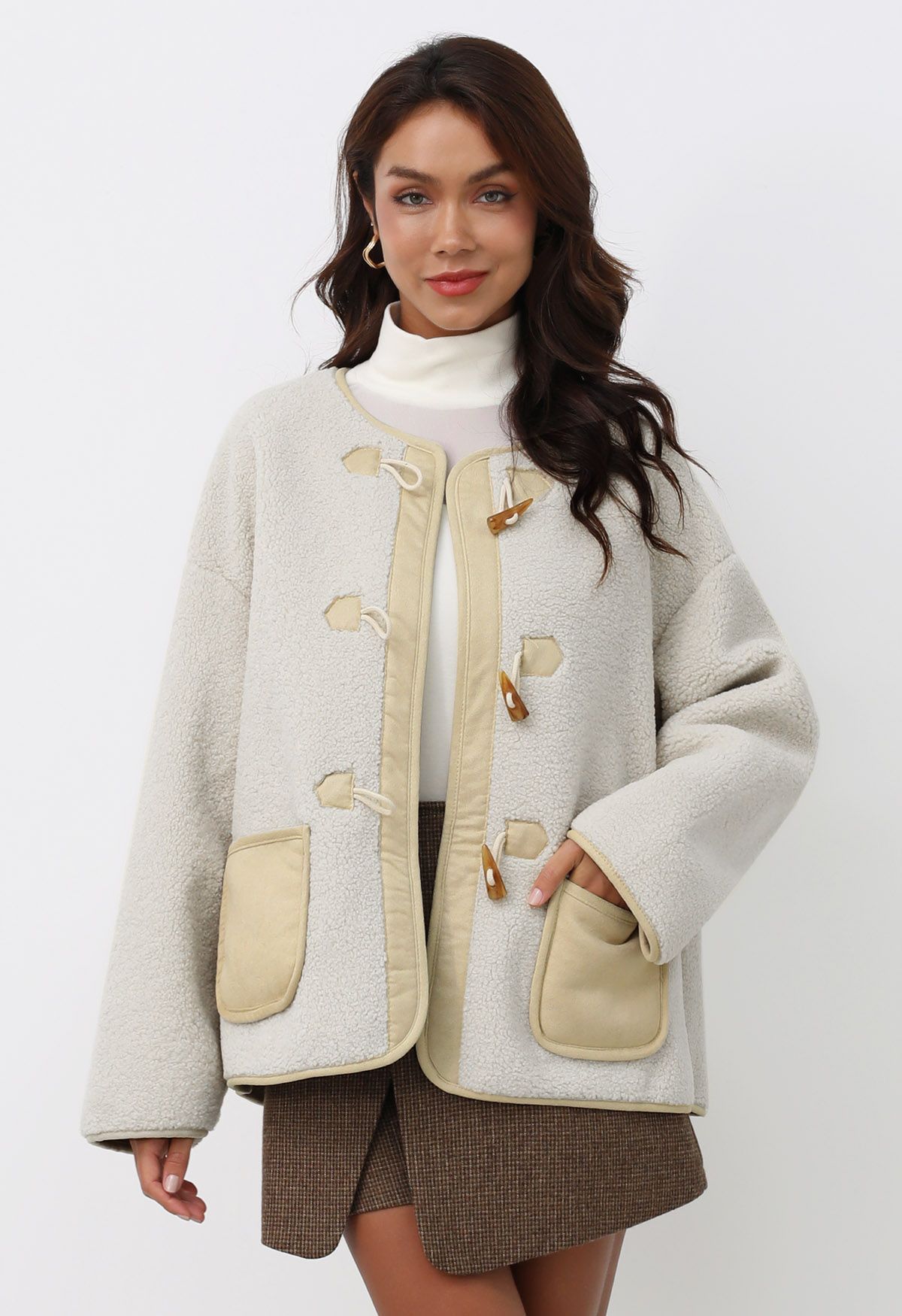 Horn Buckle Fastening Sherpa Coat in Ivory