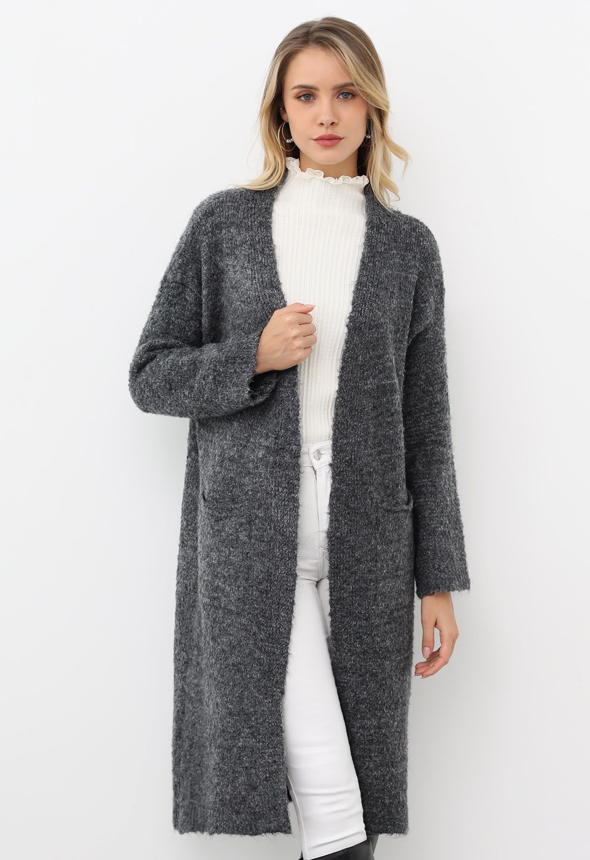 Mix-Knit Fuzzy Longline Cardigan in Smoke