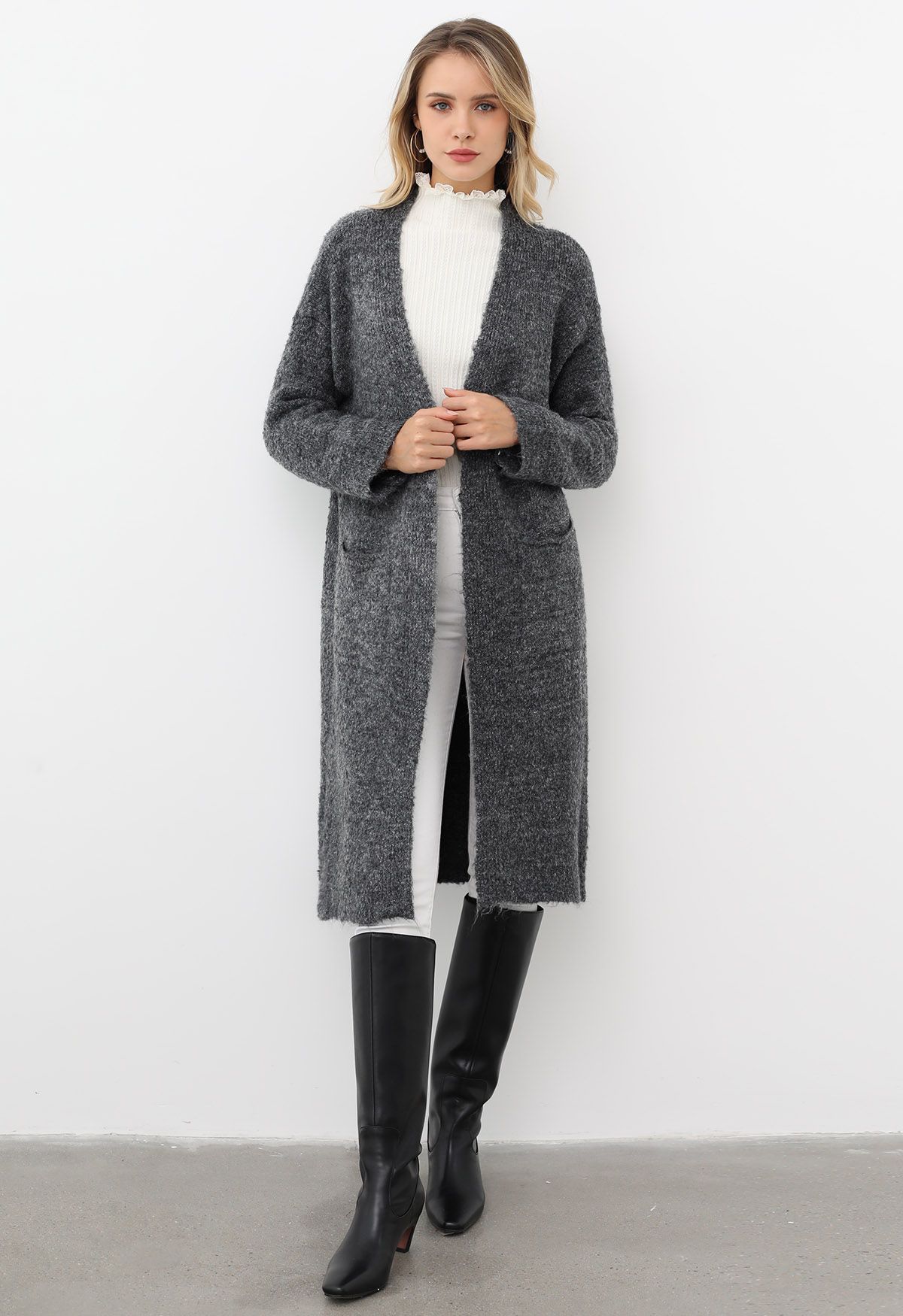 Mix-Knit Fuzzy Longline Cardigan in Smoke