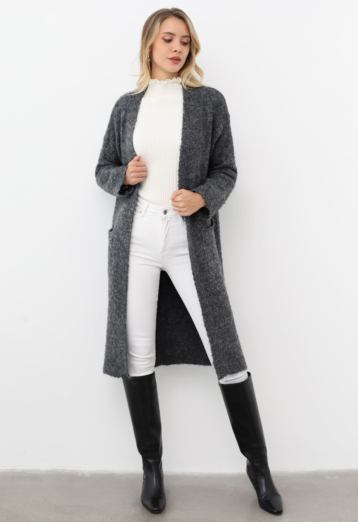 Mix-Knit Fuzzy Longline Cardigan in Smoke