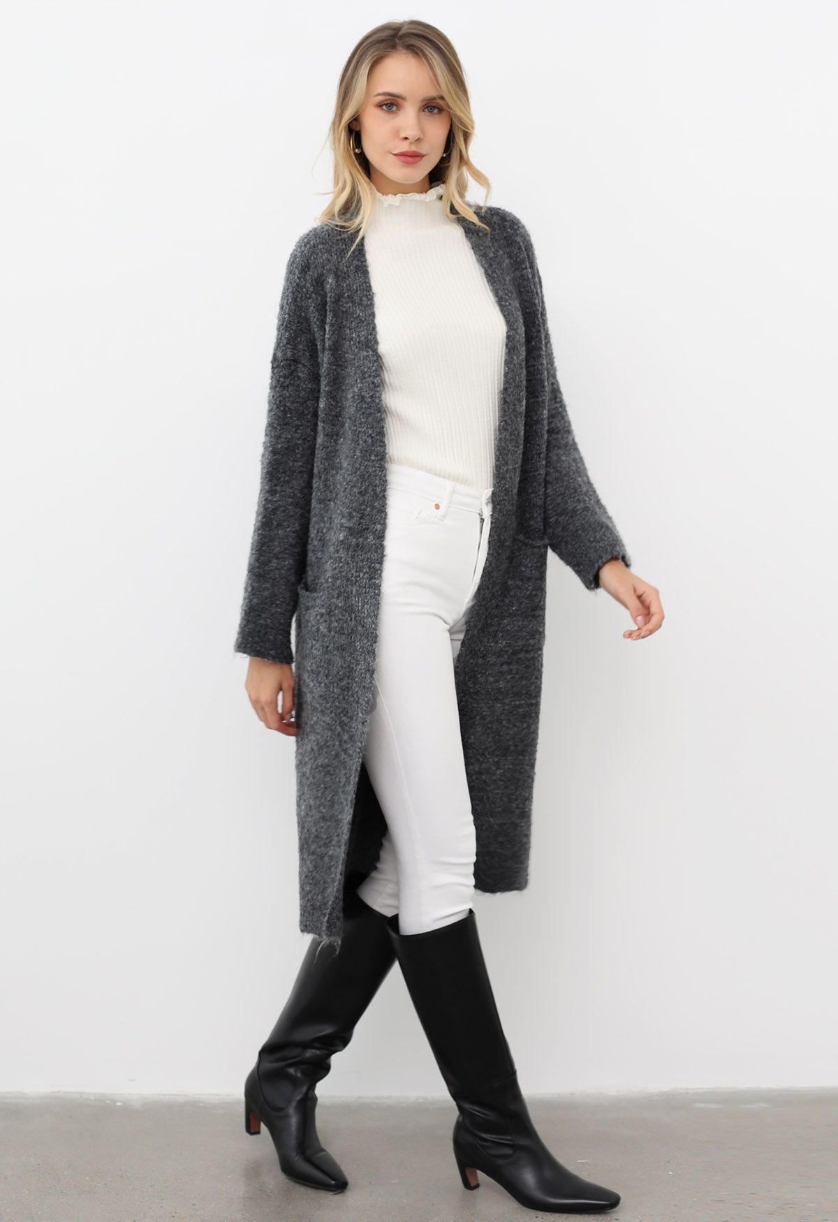 Mix-Knit Fuzzy Longline Cardigan in Smoke