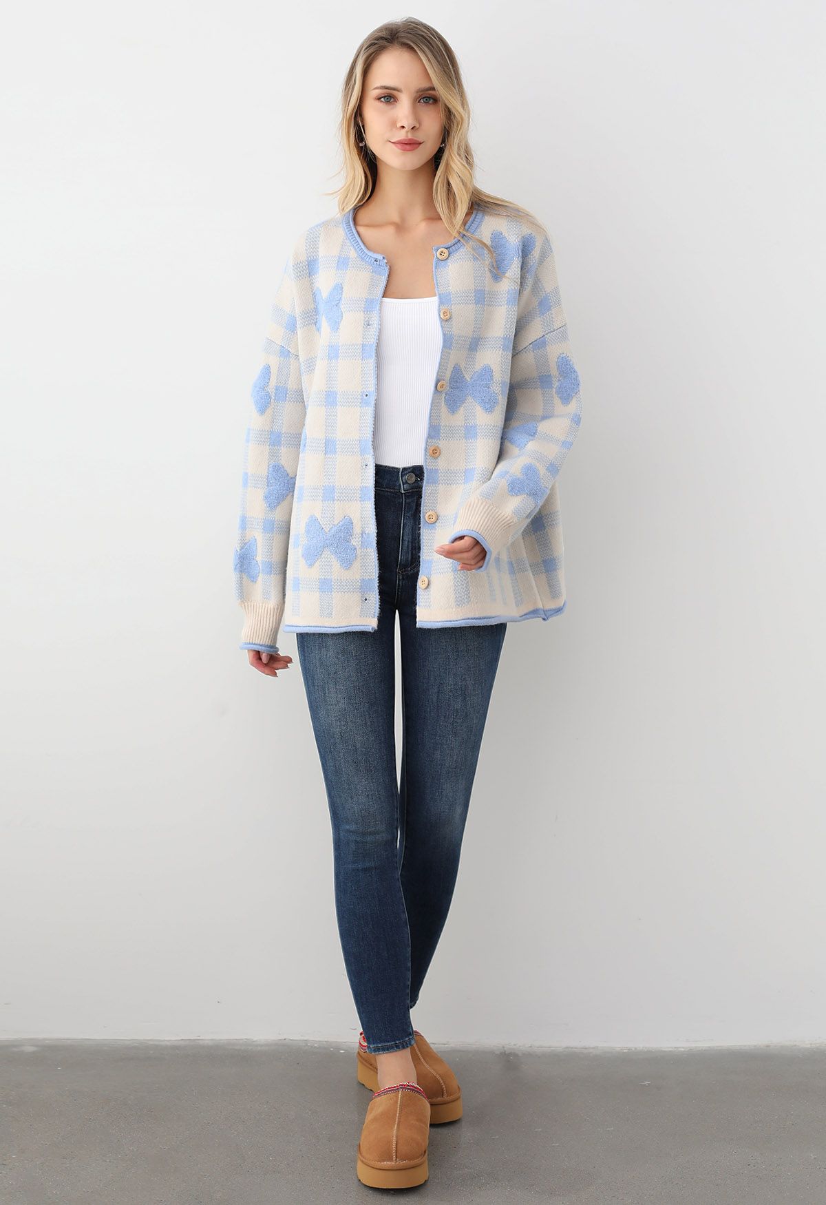 Bowknot Jacquard Check Buttoned Knit Cardigan in Baby Blue