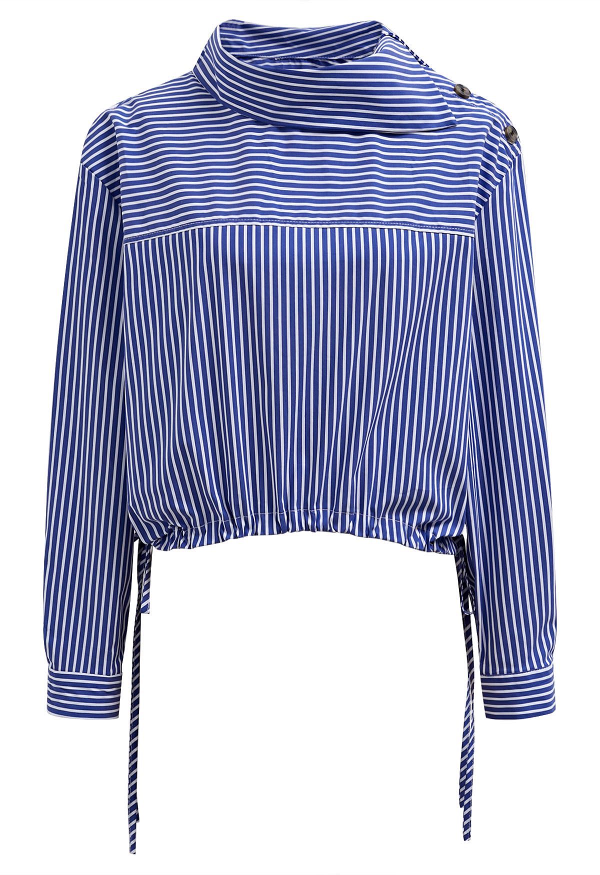 Buttoned Side Flap Collar Stripe Shirt in Blue