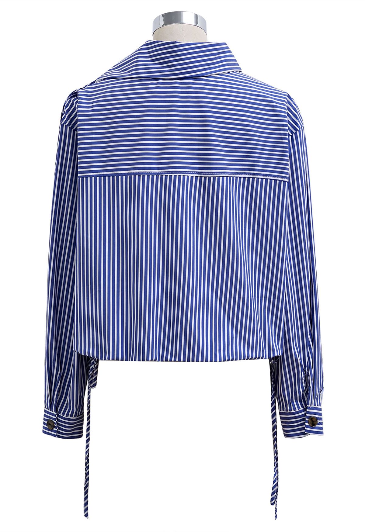 Buttoned Side Flap Collar Stripe Shirt in Blue