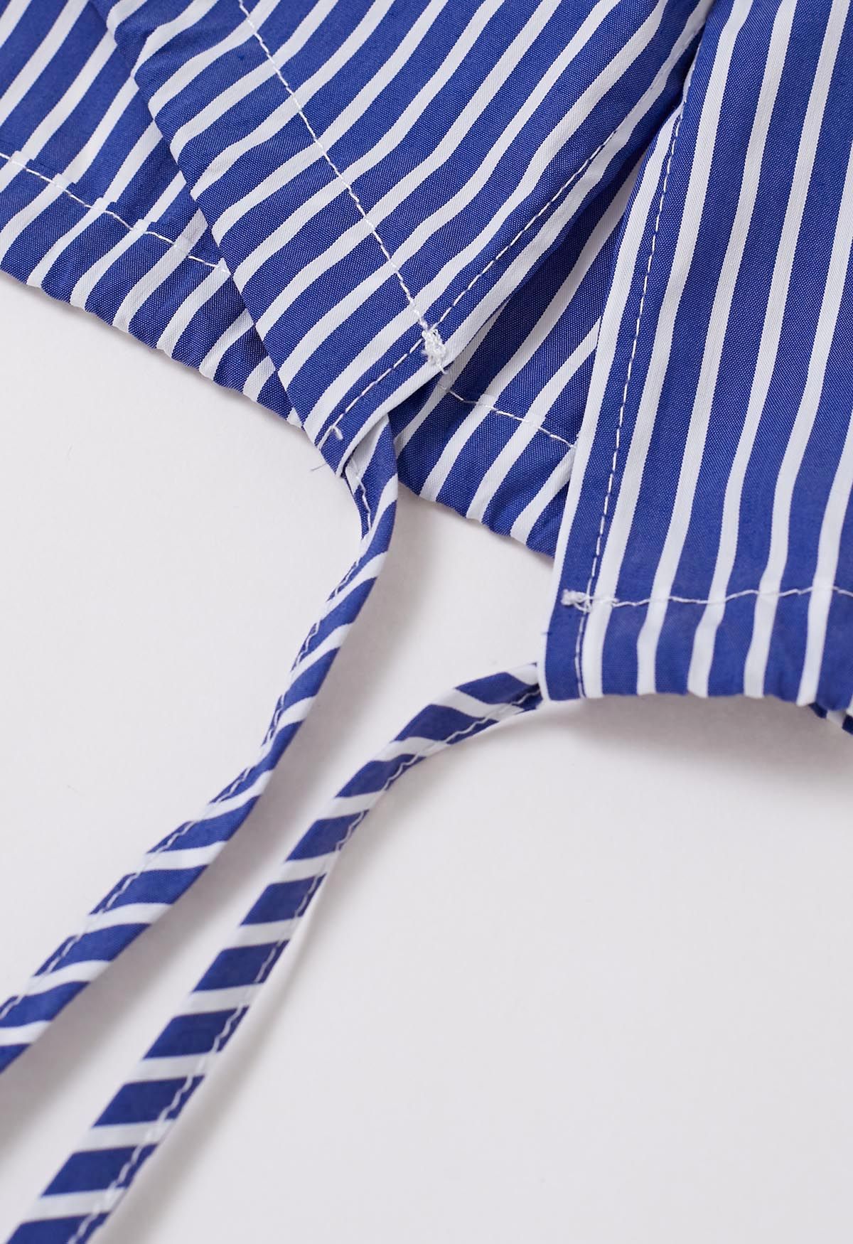 Buttoned Side Flap Collar Stripe Shirt in Blue