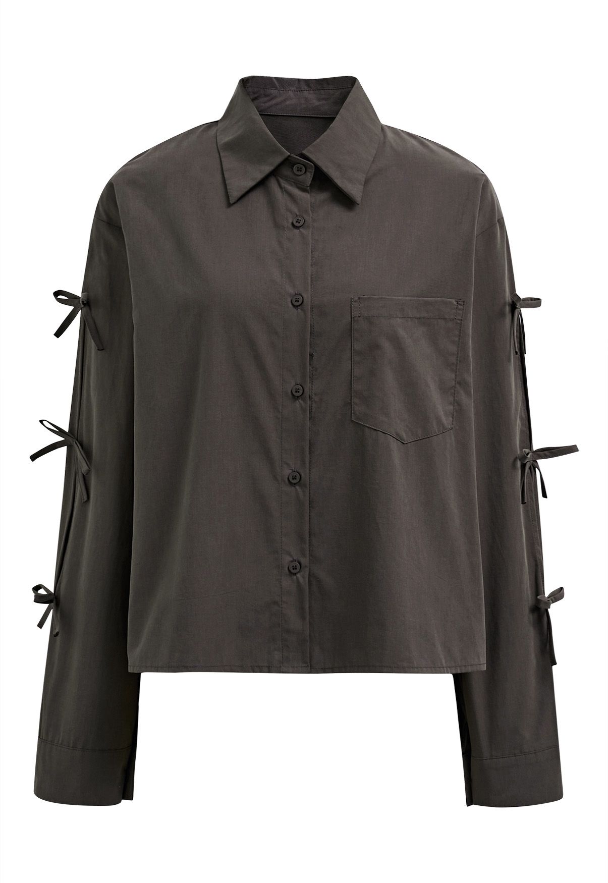 Bowknot Sleeve Patch Pocket Cotton Shirt in Smoke