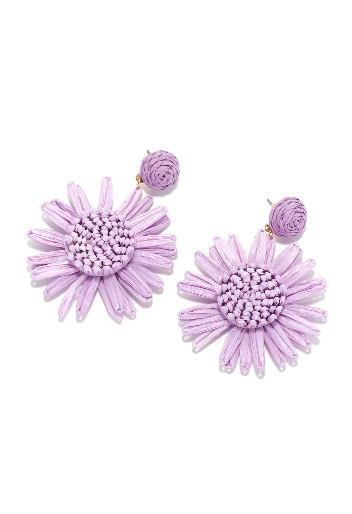 Sunflower Raffia Handmade Woven Earrings in Lavender