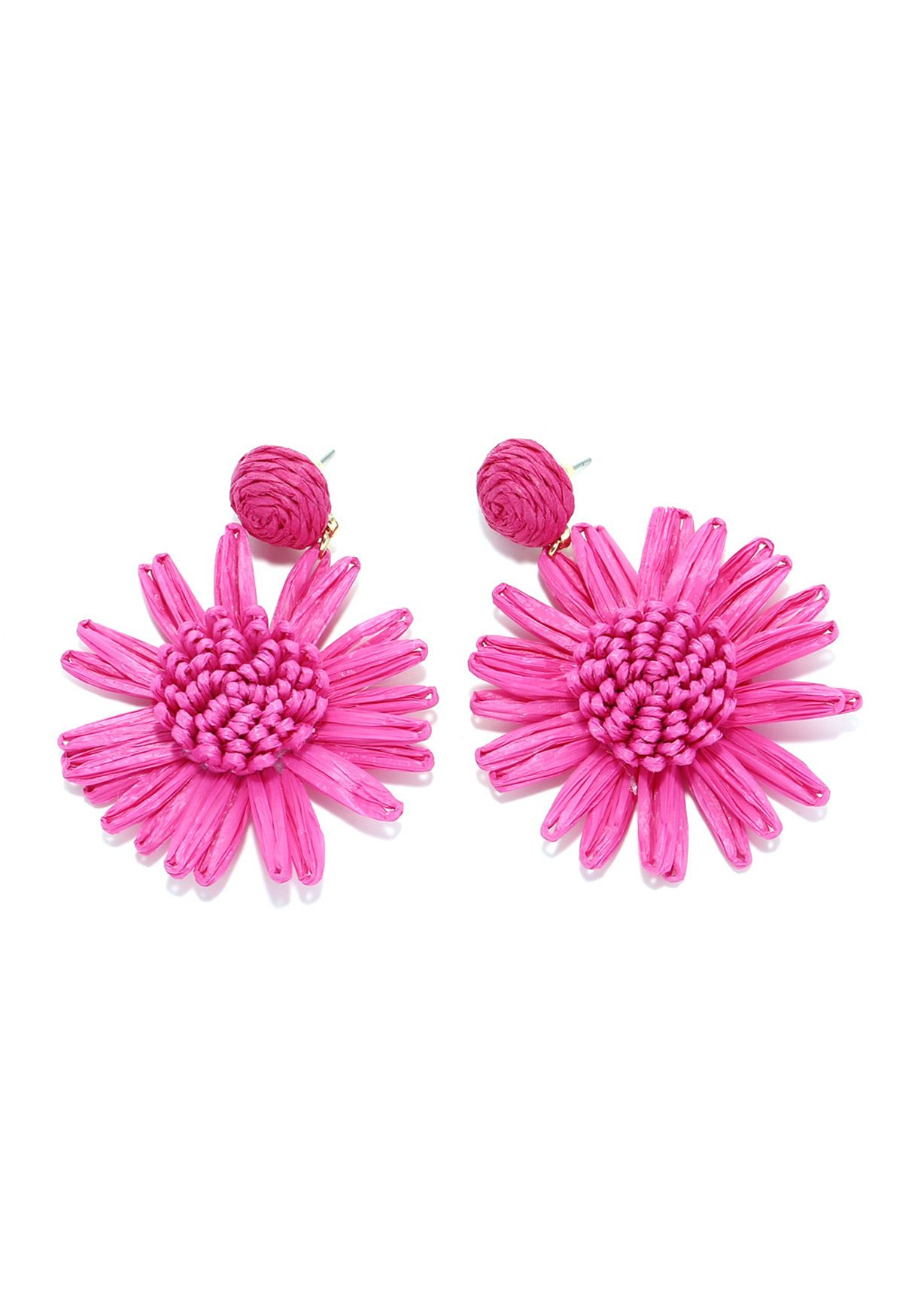 Sunflower Raffia Handmade Woven Earrings in Magenta