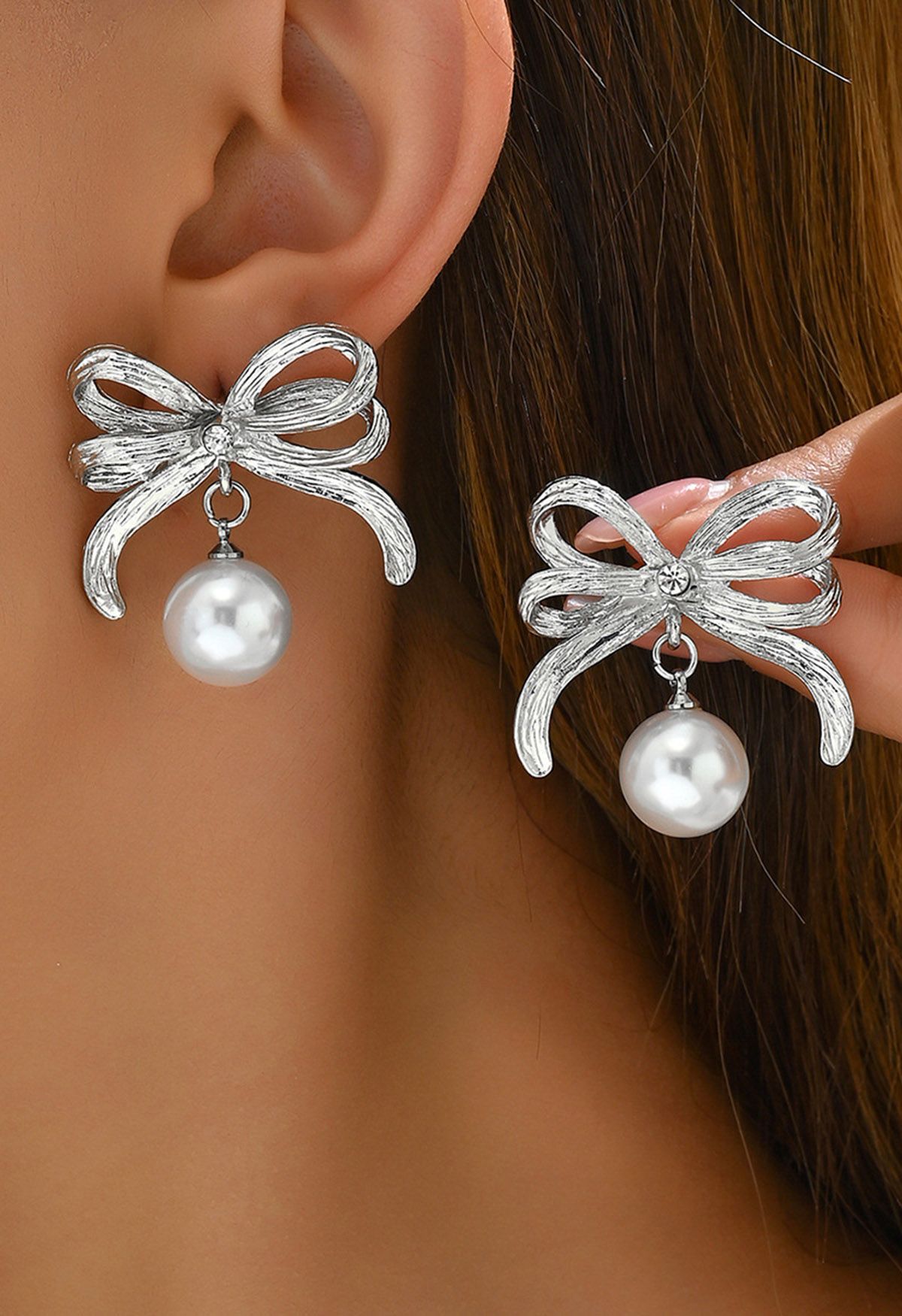 Double Layered Bowknot and Pearl Earrings in Silver