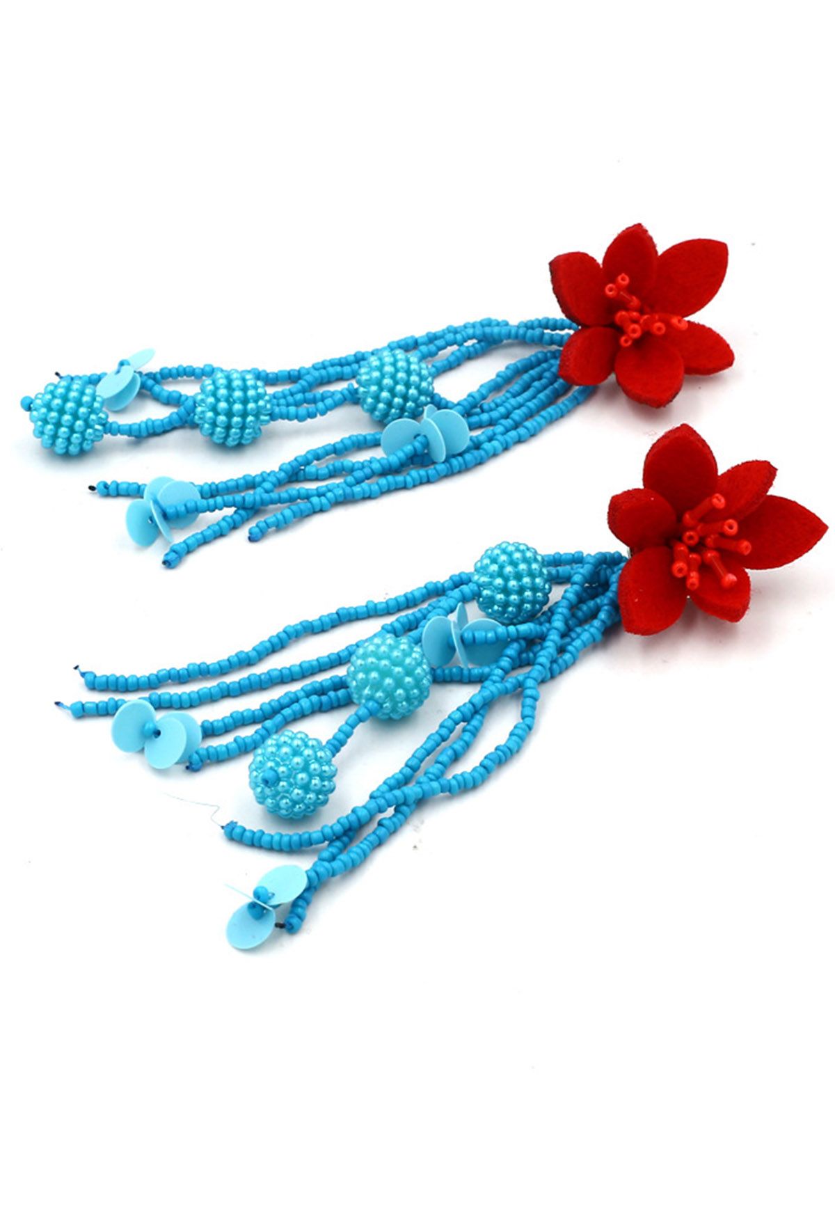 Red Flower Beaded Tassel Earrings