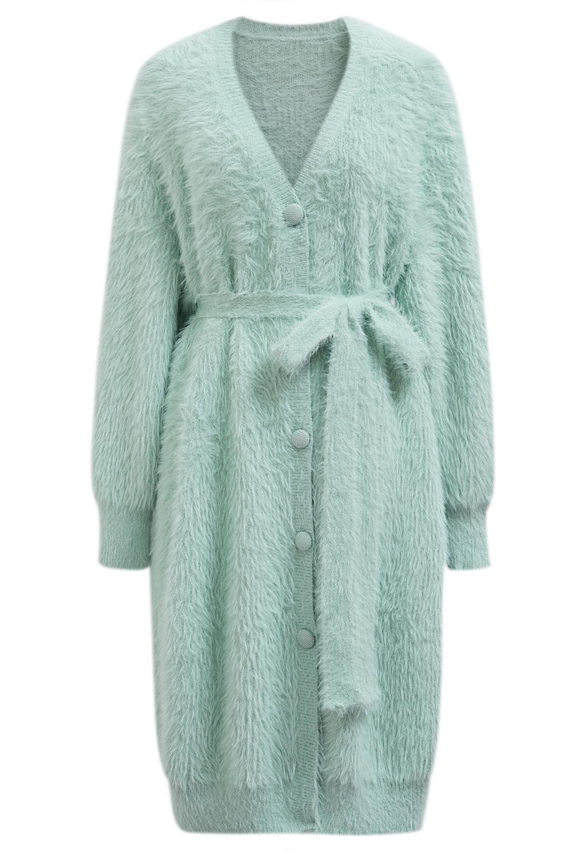 Tie Waist Button Fluffy Knit Longline Cardigan in Mint