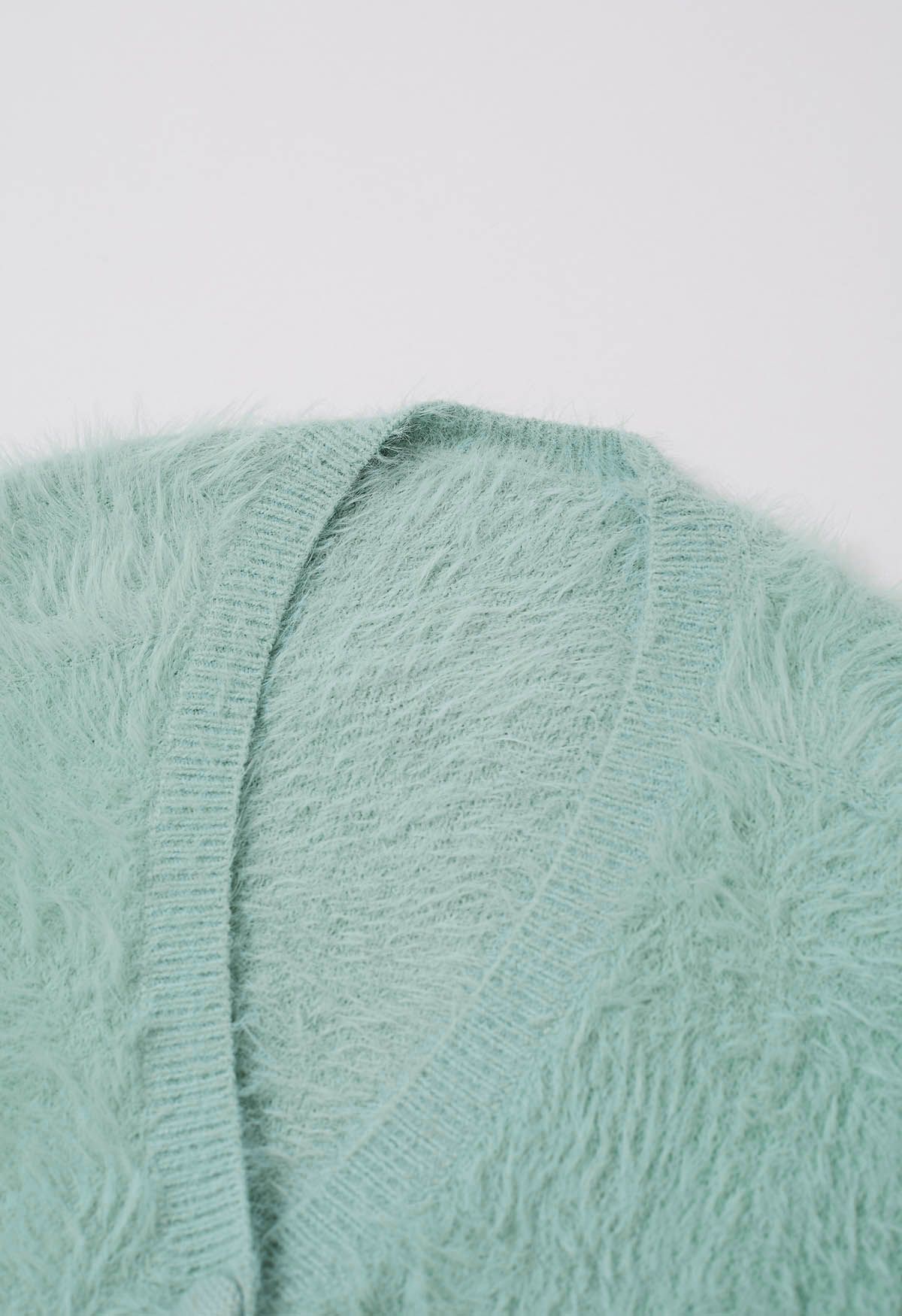 Tie Waist Button Fluffy Knit Longline Cardigan in Mint