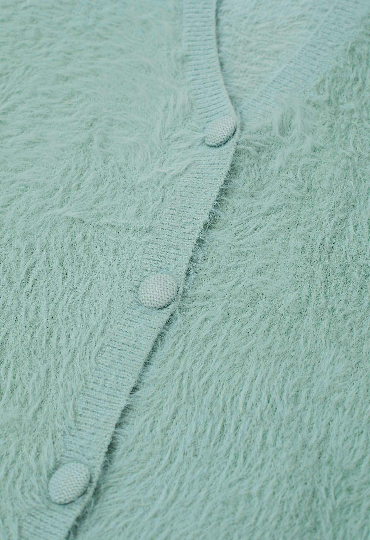 Tie Waist Button Fluffy Knit Longline Cardigan in Mint