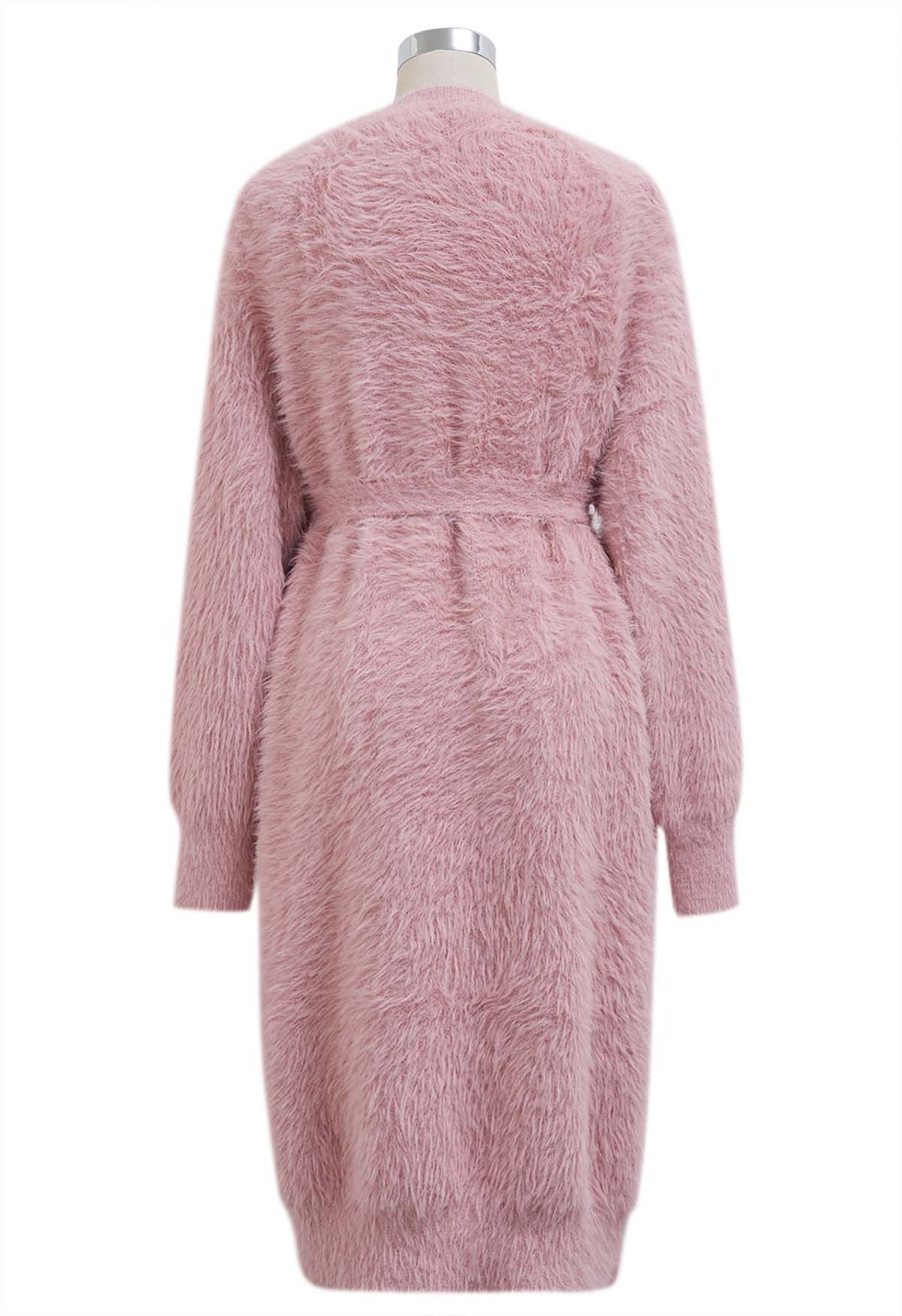 Tie Waist Button Fluffy Knit Longline Cardigan in Dusty Pink