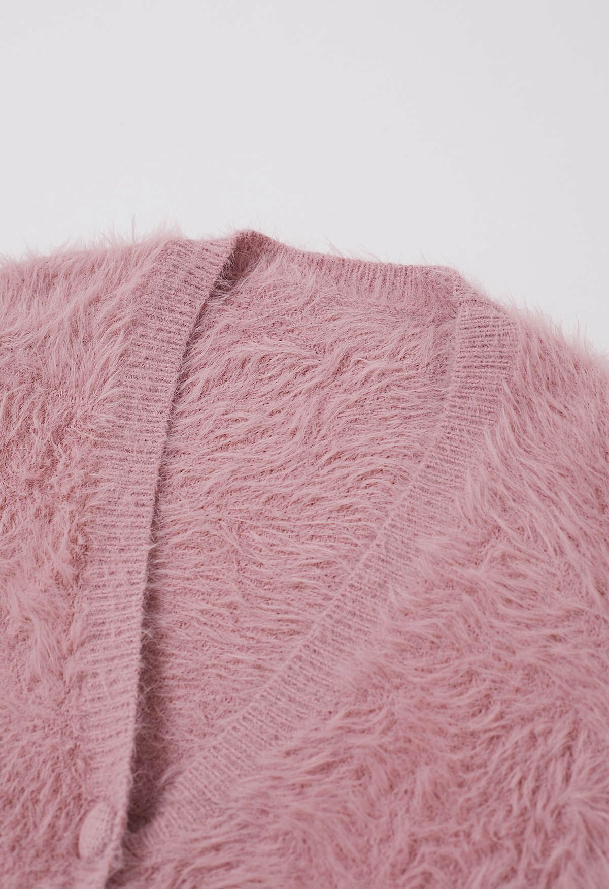 Tie Waist Button Fluffy Knit Longline Cardigan in Dusty Pink