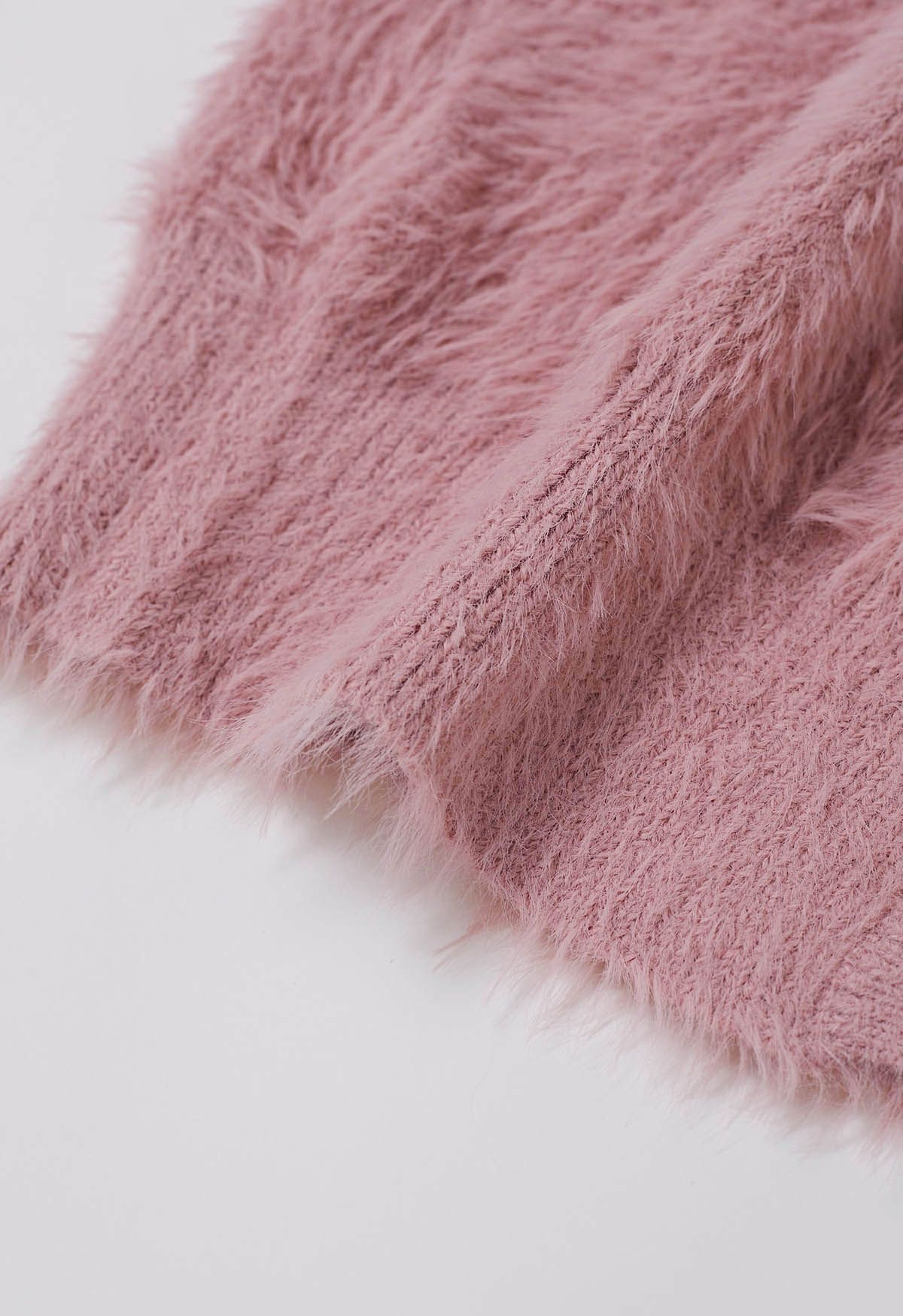 Tie Waist Button Fluffy Knit Longline Cardigan in Dusty Pink