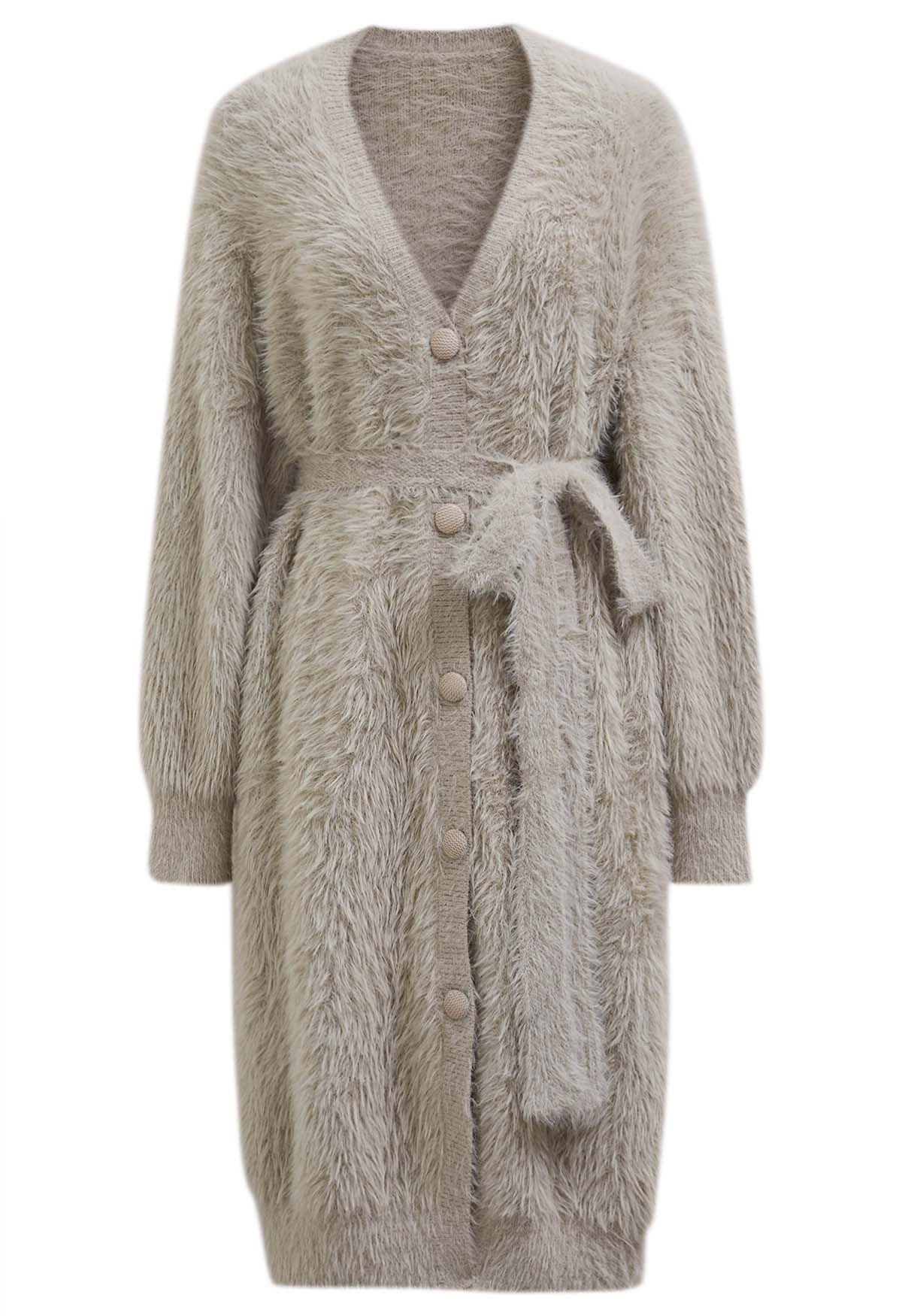 Tie Waist Button Fluffy Knit Longline Cardigan in Taupe