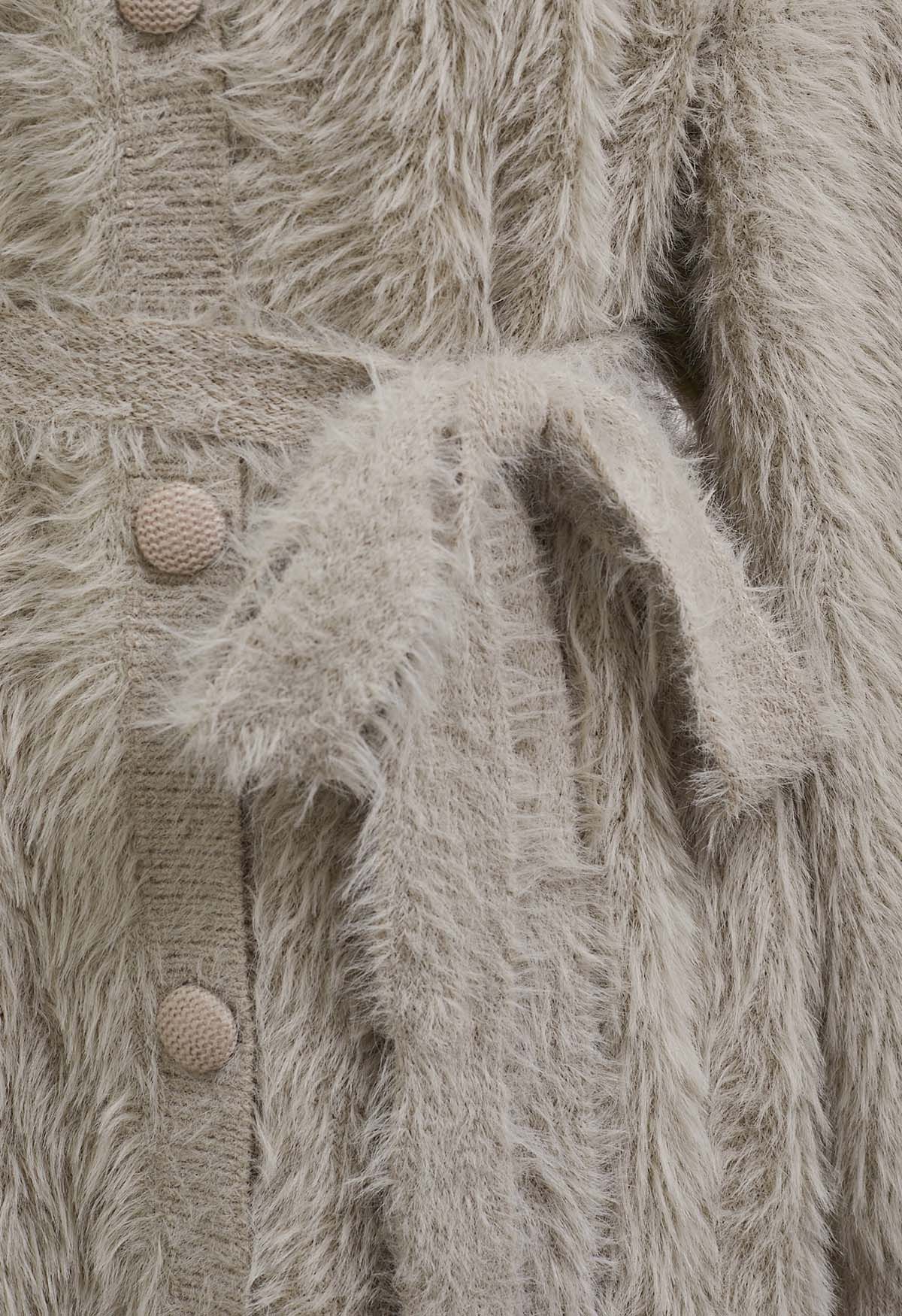 Tie Waist Button Fluffy Knit Longline Cardigan in Taupe