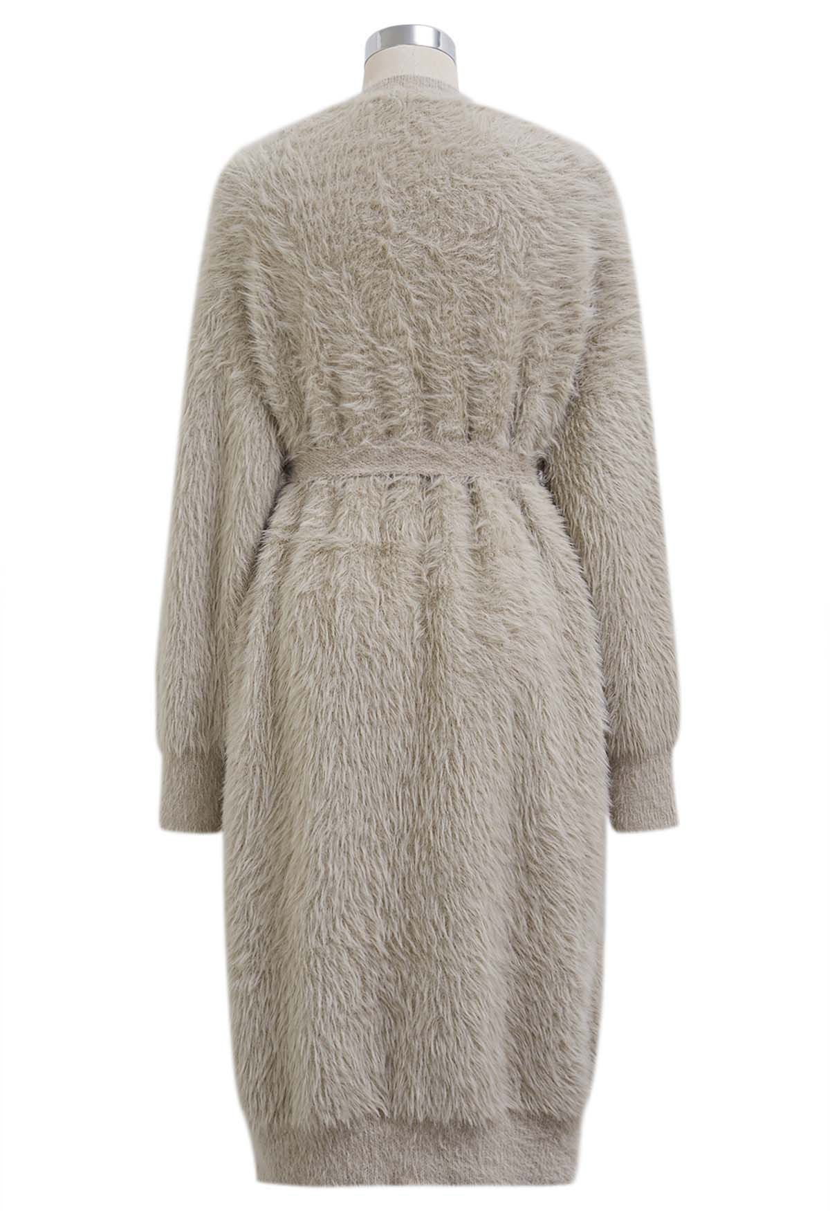 Tie Waist Button Fluffy Knit Longline Cardigan in Taupe