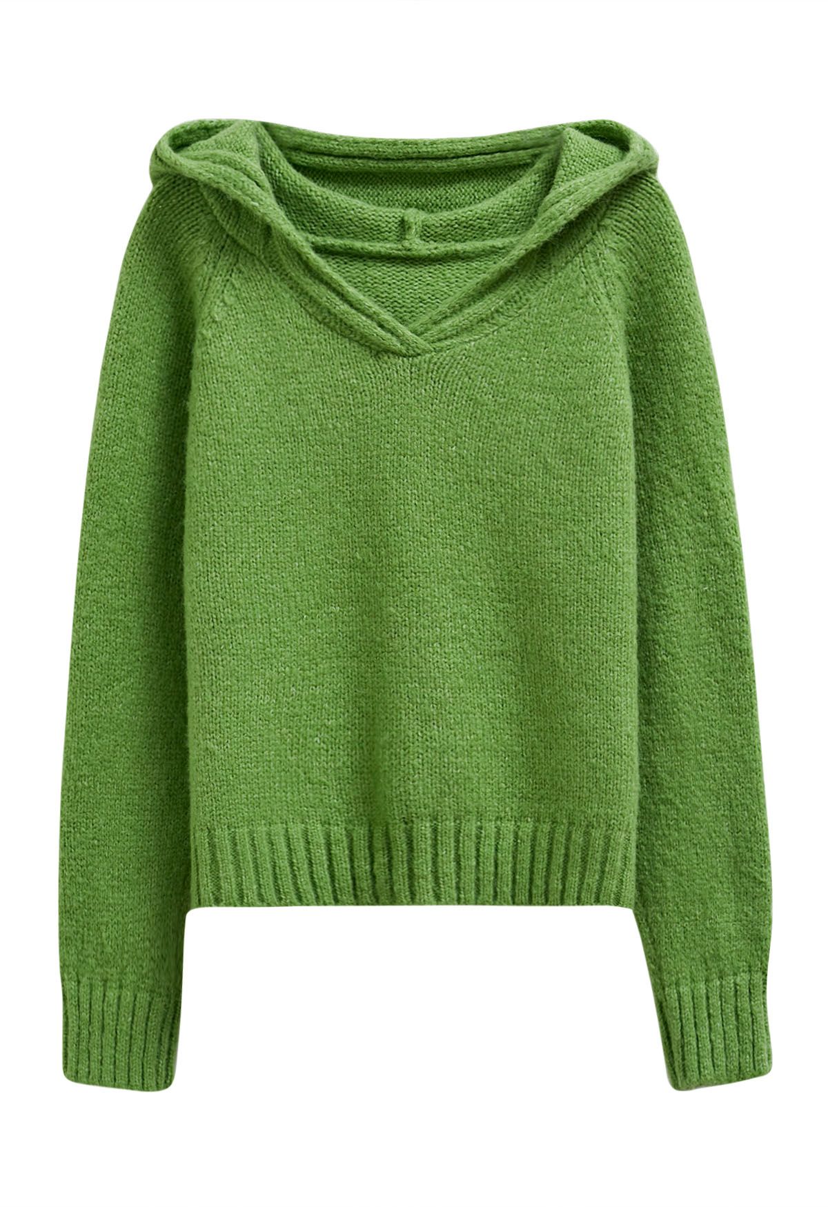 Relaxed-Fit Hooded Knit Sweater in Green