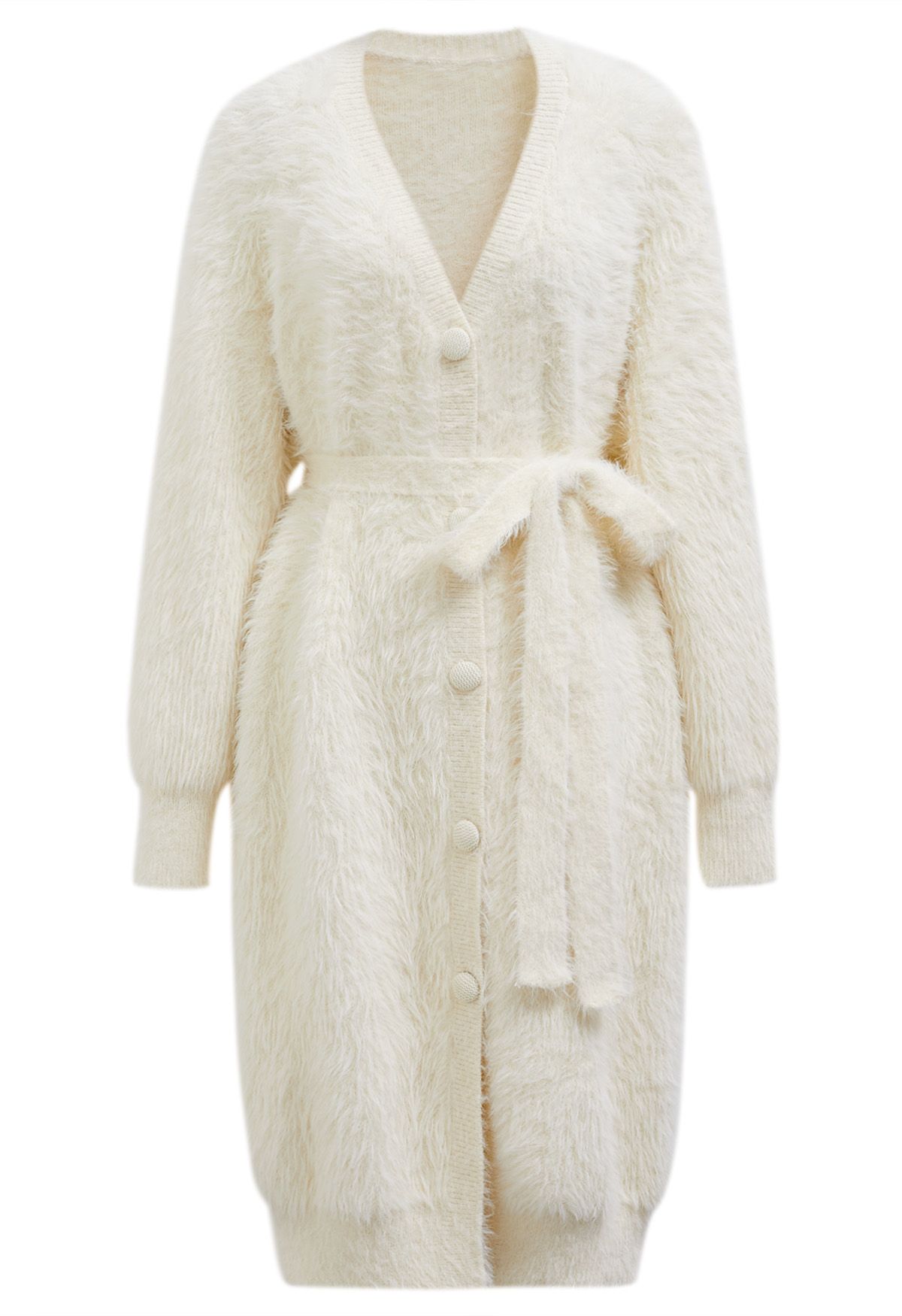 Tie Waist Button Fluffy Knit Longline Cardigan in Cream