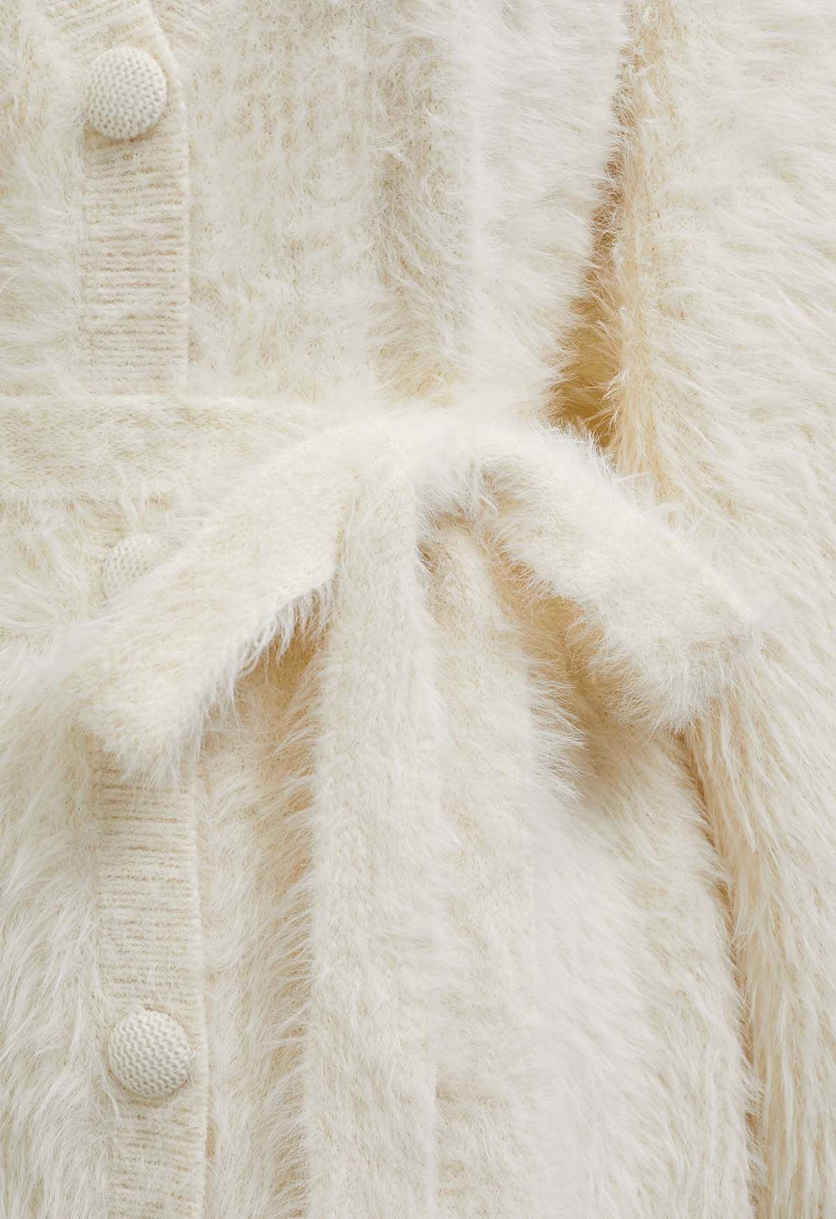 Tie Waist Button Fluffy Knit Longline Cardigan in Cream