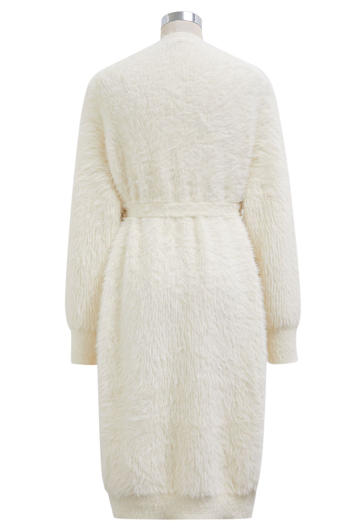 Tie Waist Button Fluffy Knit Longline Cardigan in Cream