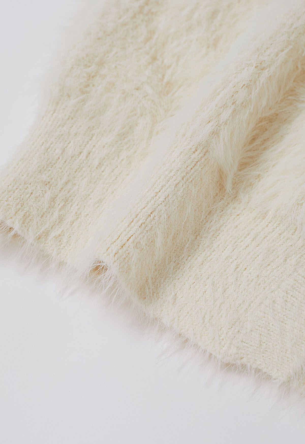 Tie Waist Button Fluffy Knit Longline Cardigan in Cream