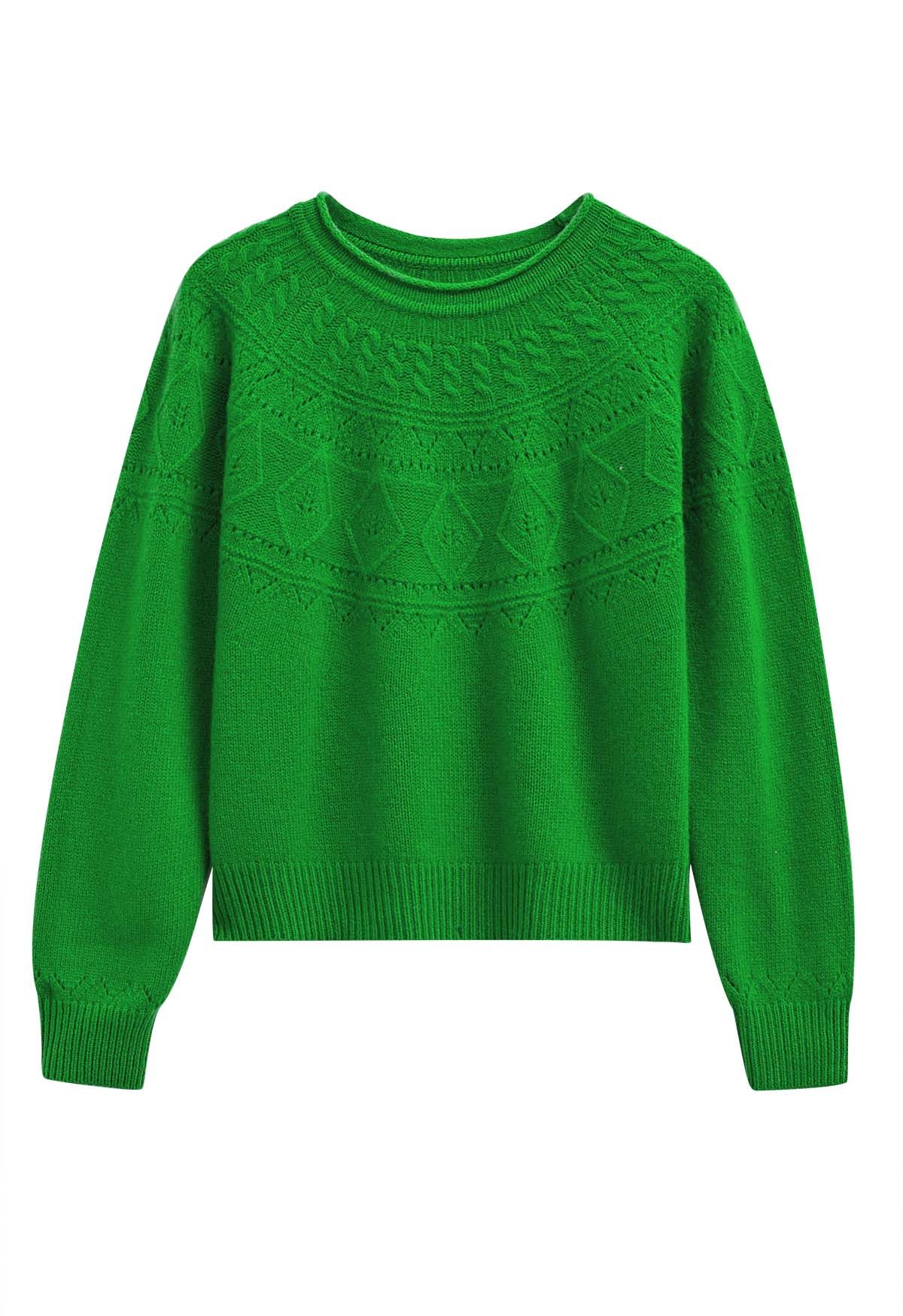 Hollow Out Diamond Knit Sweater in Green