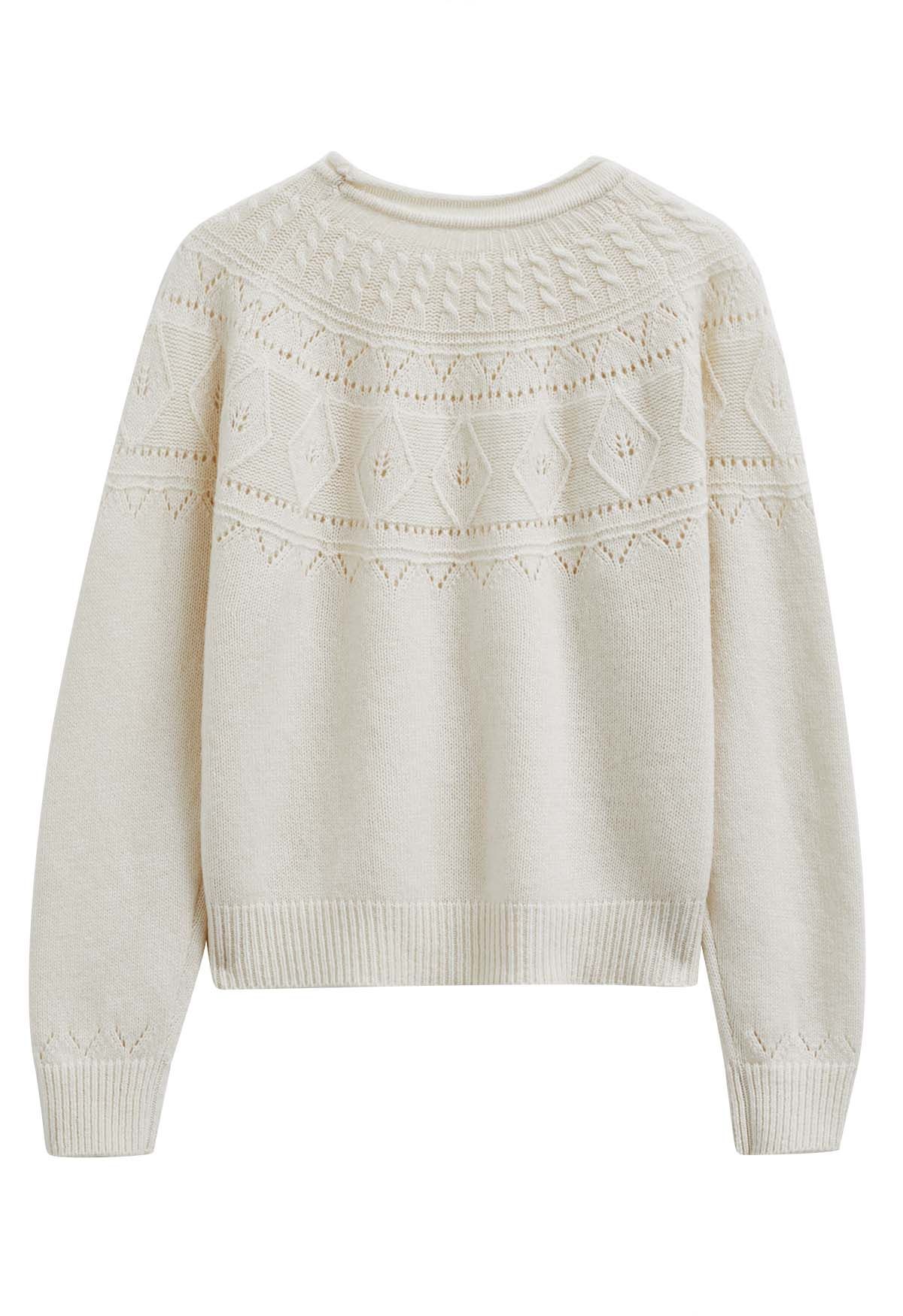 Hollow Out Diamond Knit Sweater in Cream