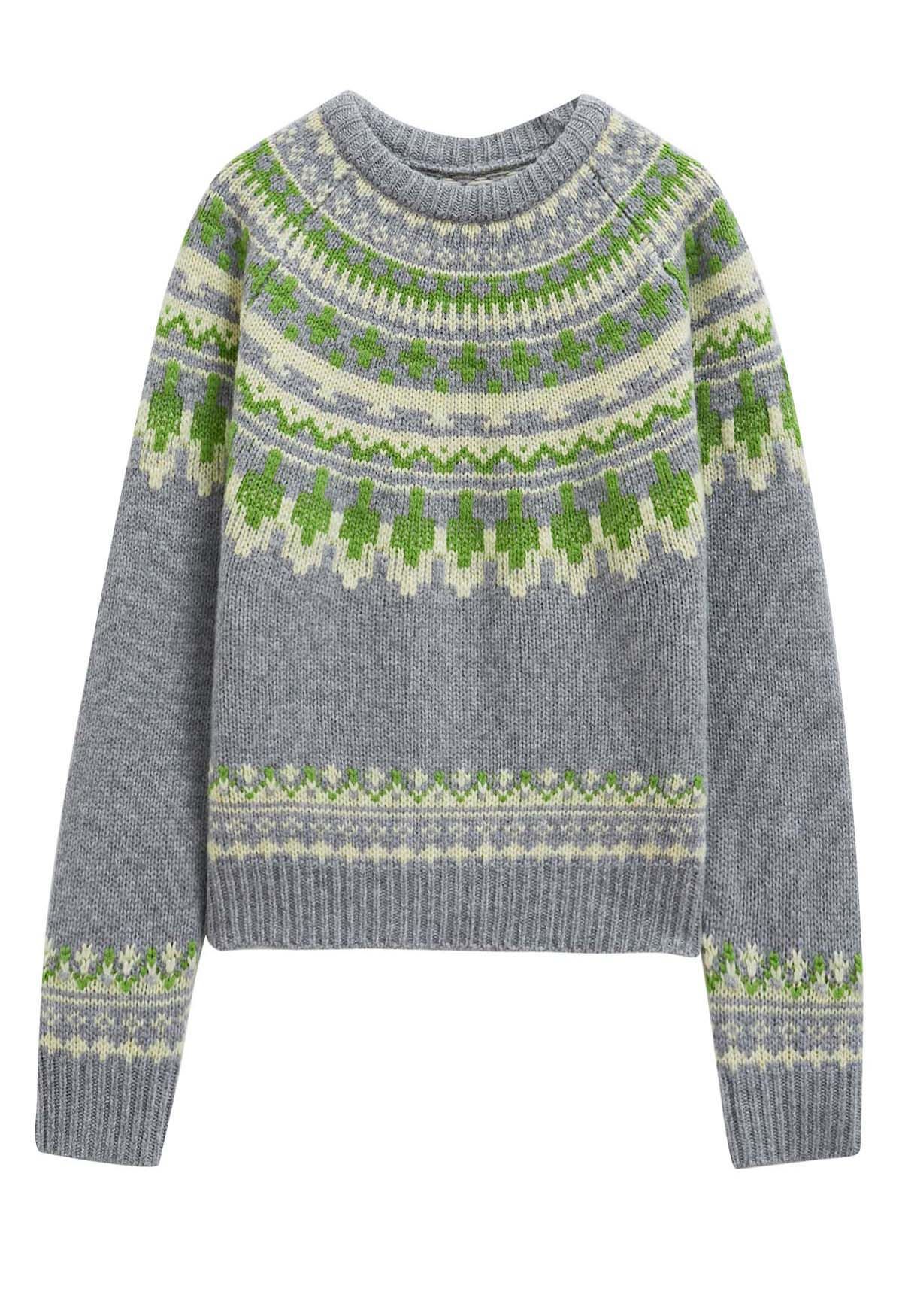 Nordic-Inspired Fair Isle Knit Sweater in Grey