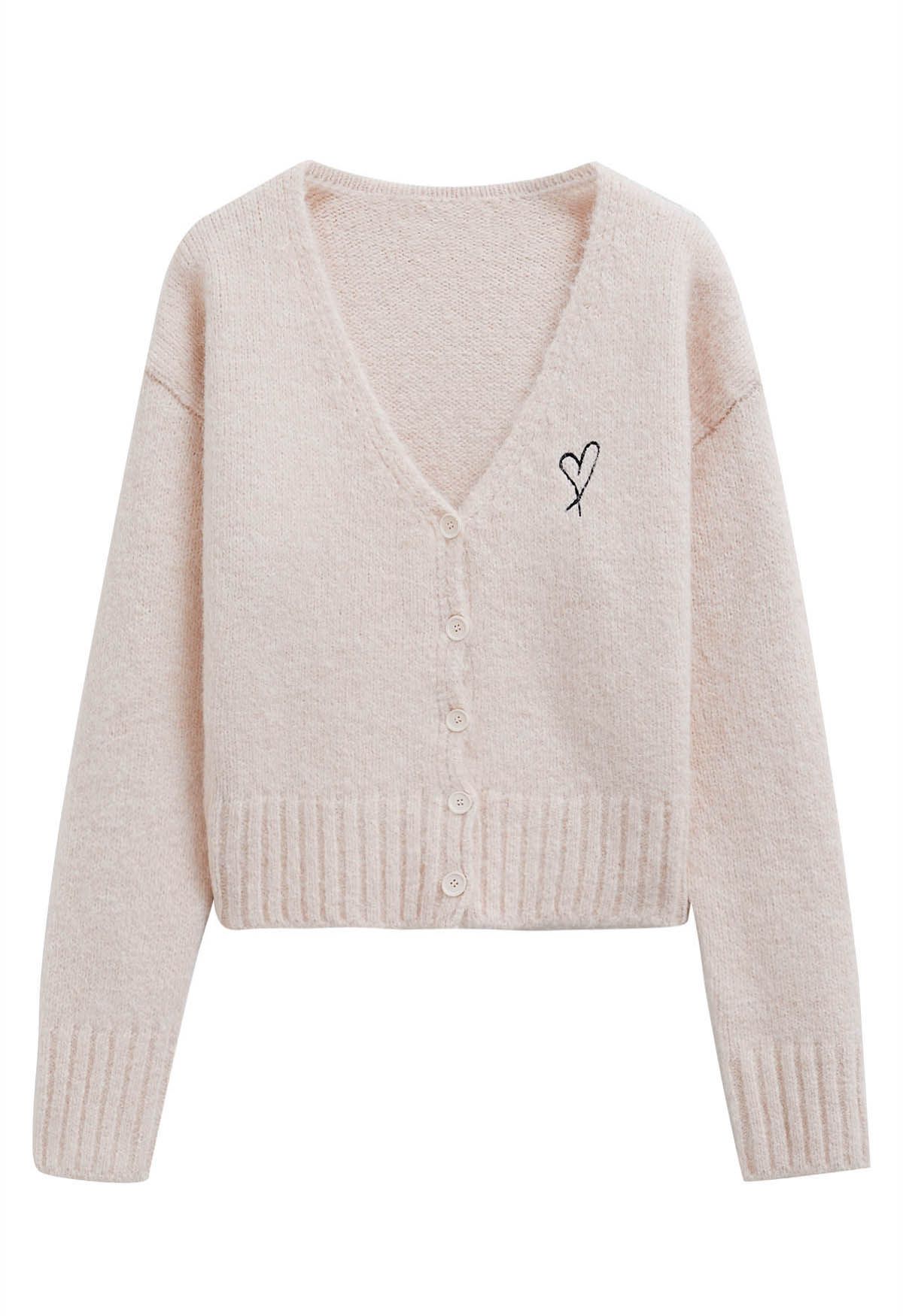 Cozy Heart V-Neck Buttoned Knit Cardigan in Light Pink