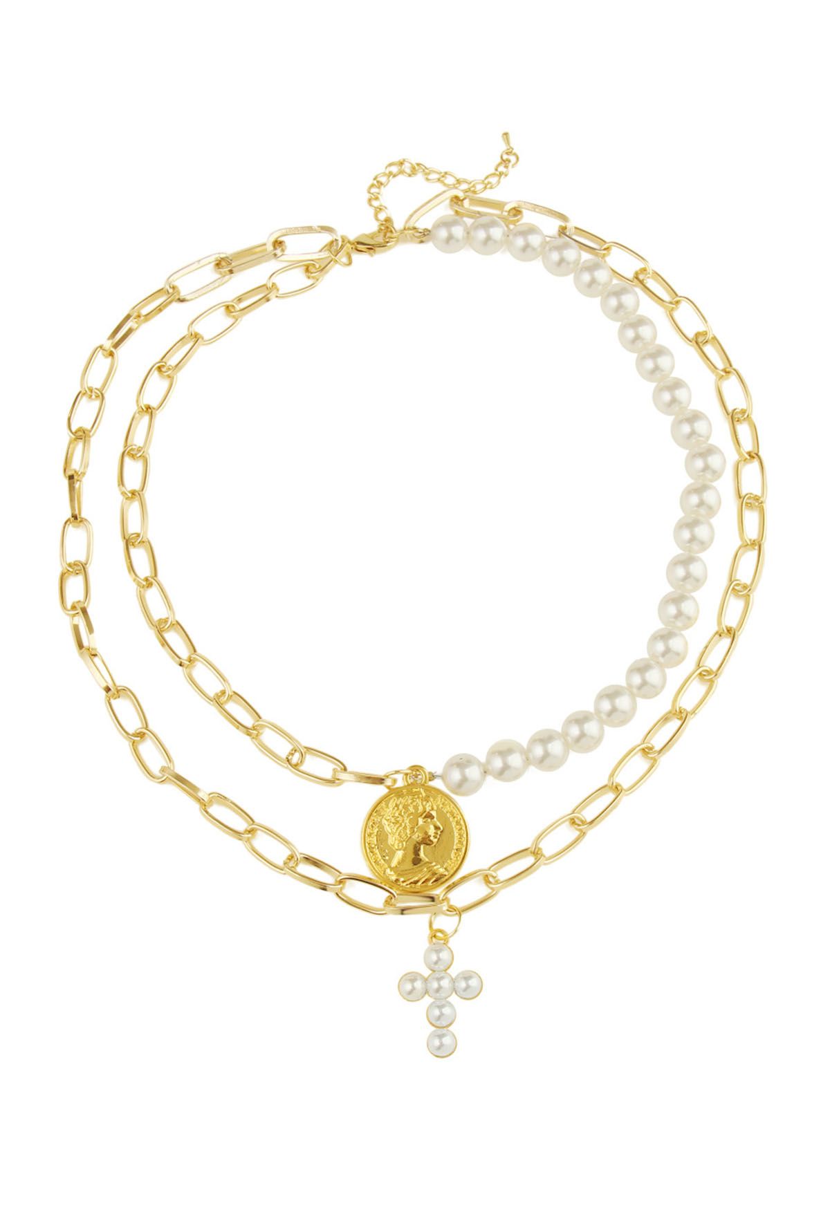 Gold Coin Layered Pearl Chain Necklace