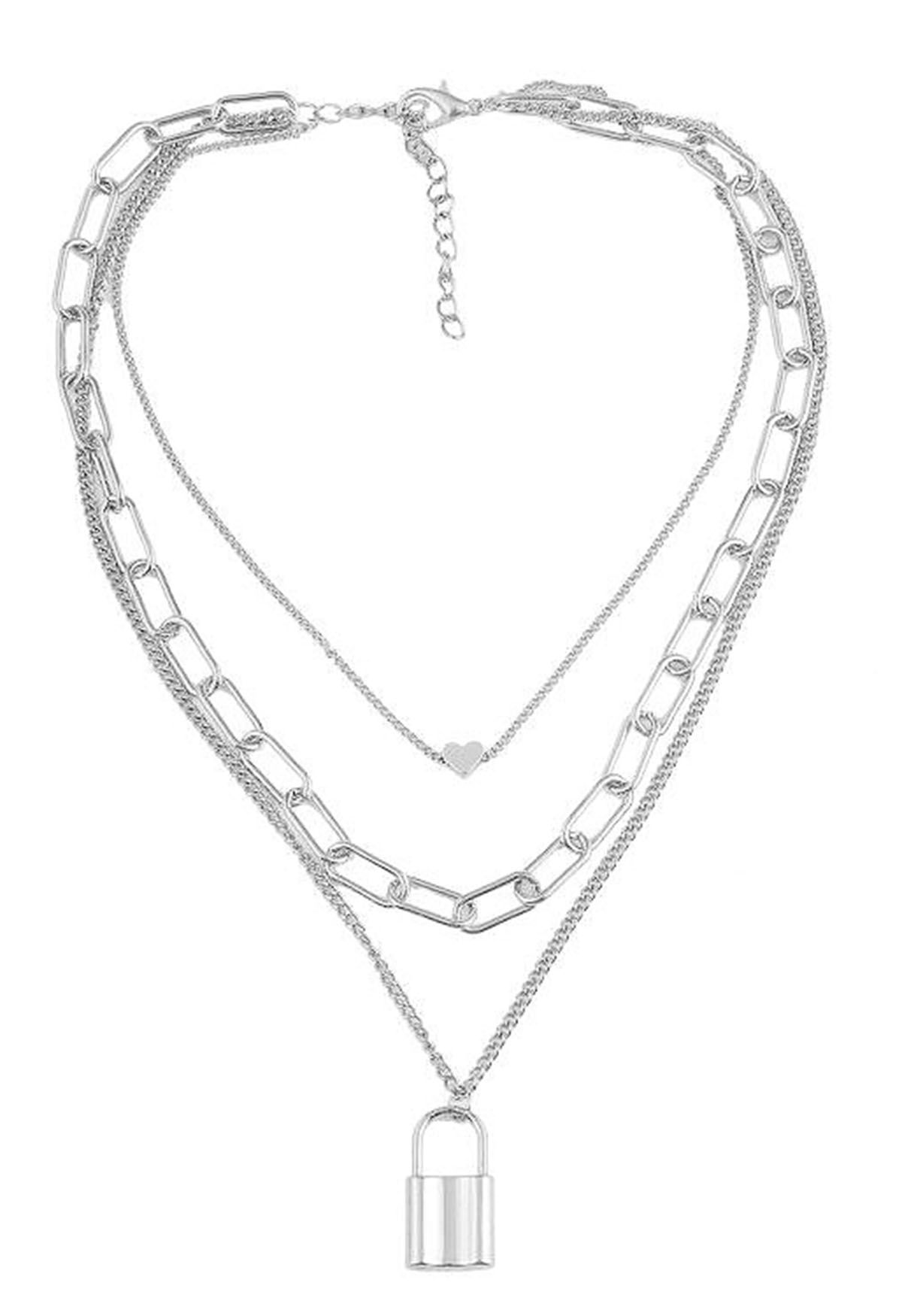 Lock Chain Pendant Layered Necklace in Silver