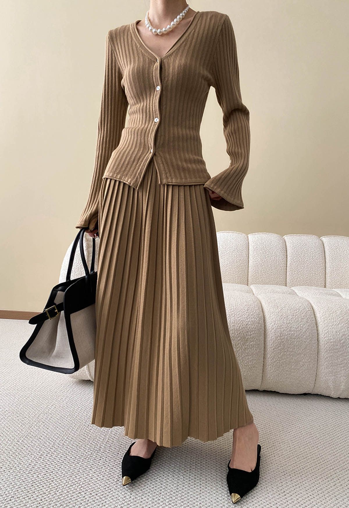 Flare Cuffs Button Knit Top and Midi Skirt in Khaki