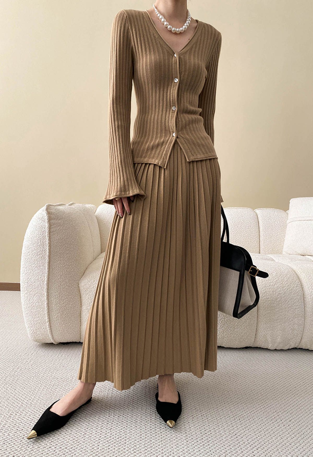 Flare Cuffs Button Knit Top and Midi Skirt in Khaki