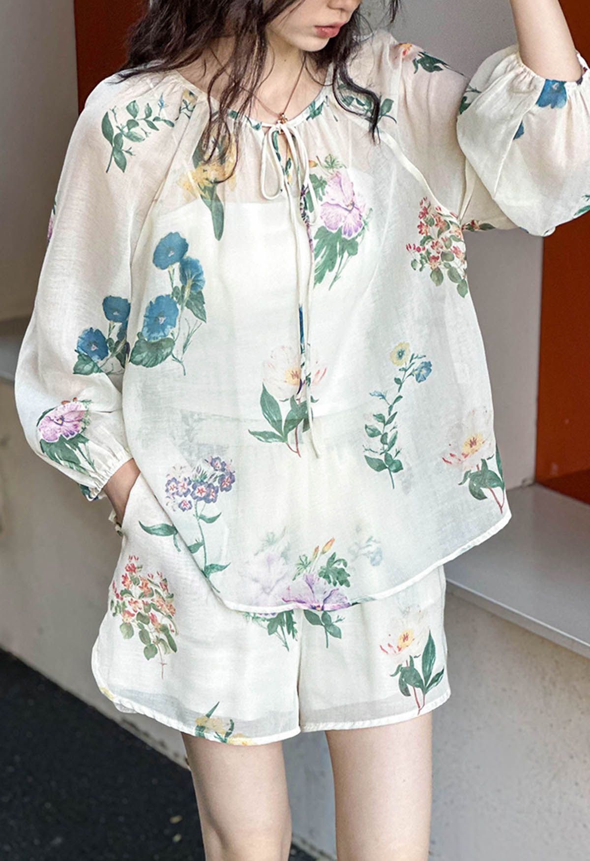 Vernal Garden Self-Tie Sheer Shirt and Shorts Set