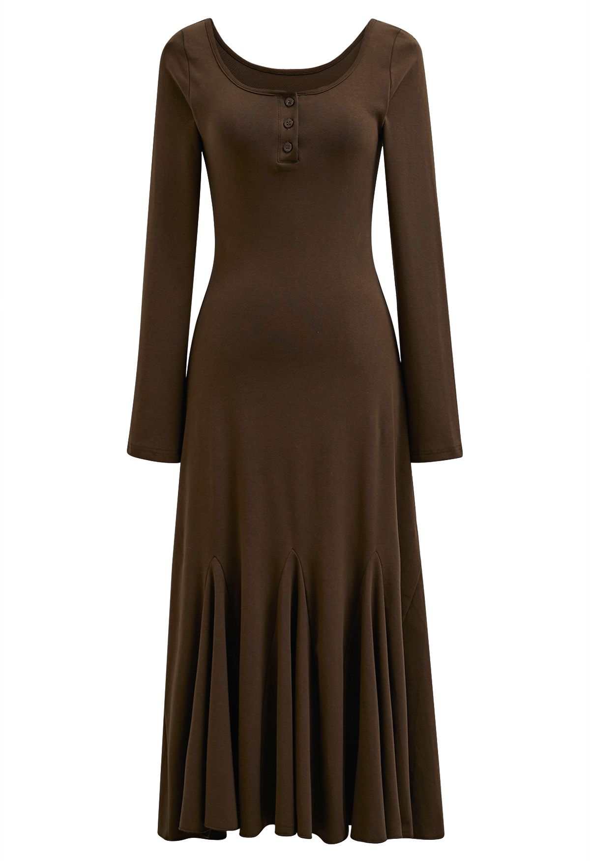 Scoop Neckline Flare Hem Midi Dress in Brown