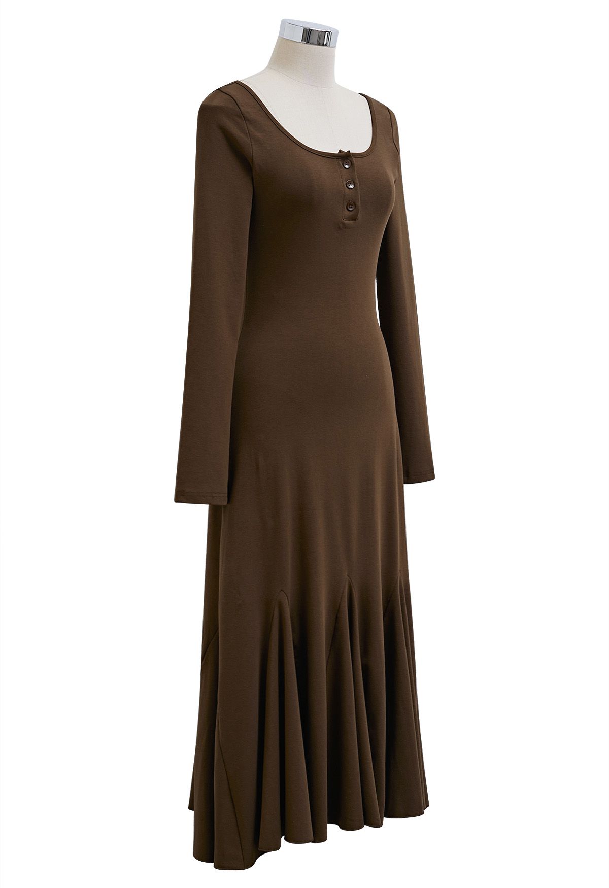 Scoop Neckline Flare Hem Midi Dress in Brown