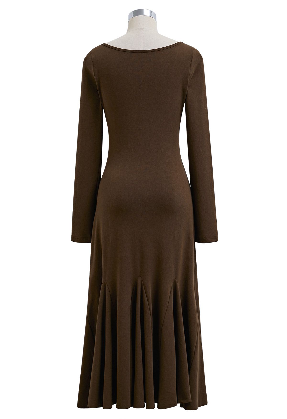 Scoop Neckline Flare Hem Midi Dress in Brown