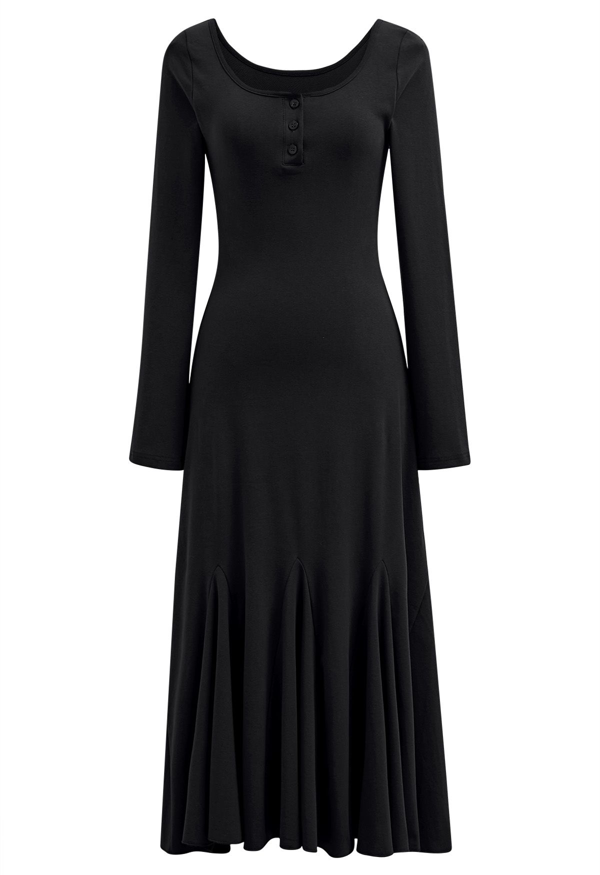 Scoop Neckline Flare Hem Midi Dress in Black