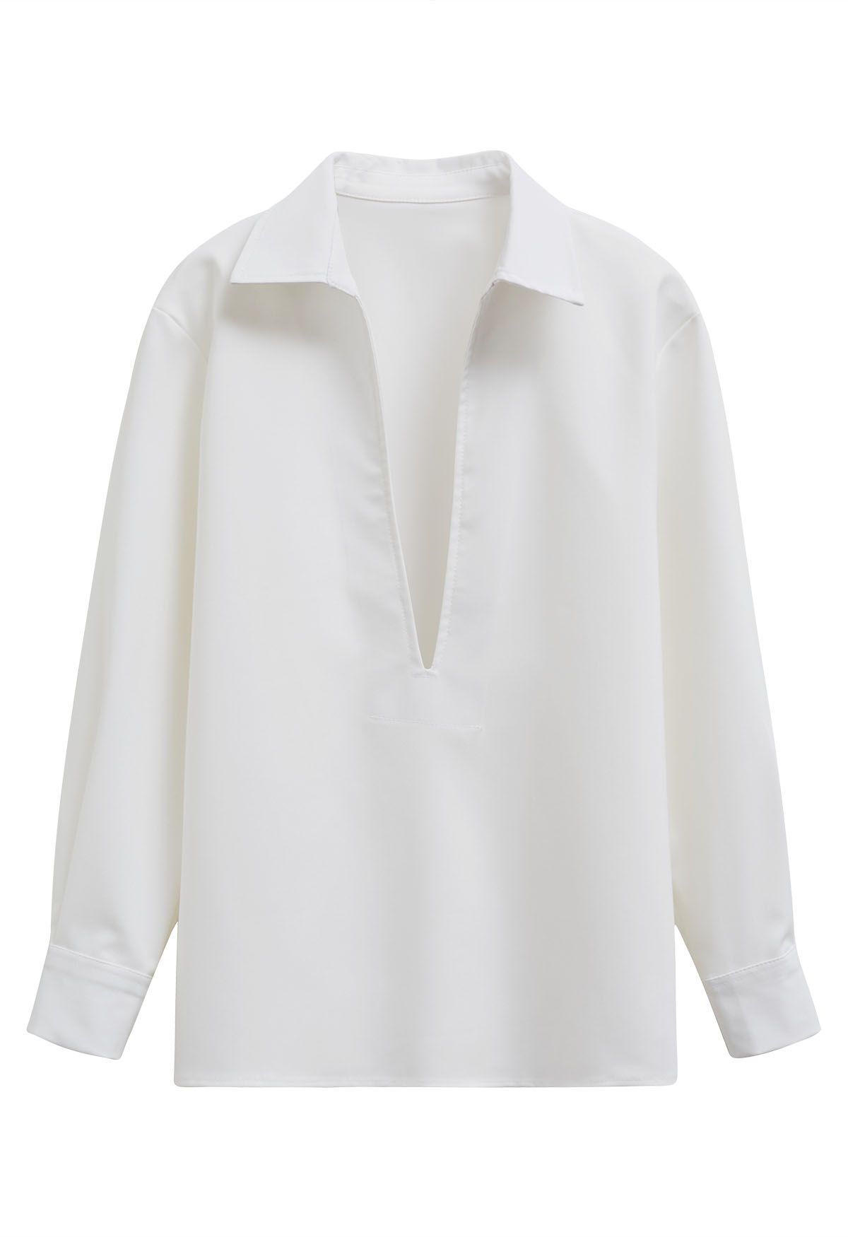 Deep V-Neck Collared Shirt in White