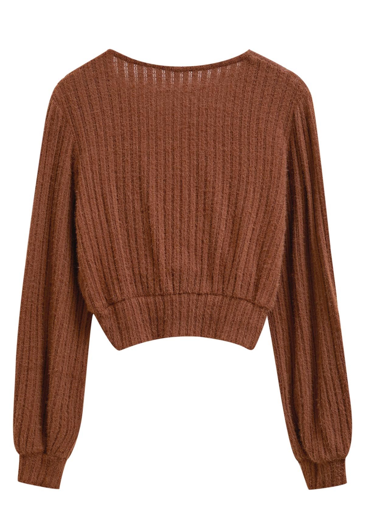 Mesh Spliced Faux-Wrap Knit Top in Caramel