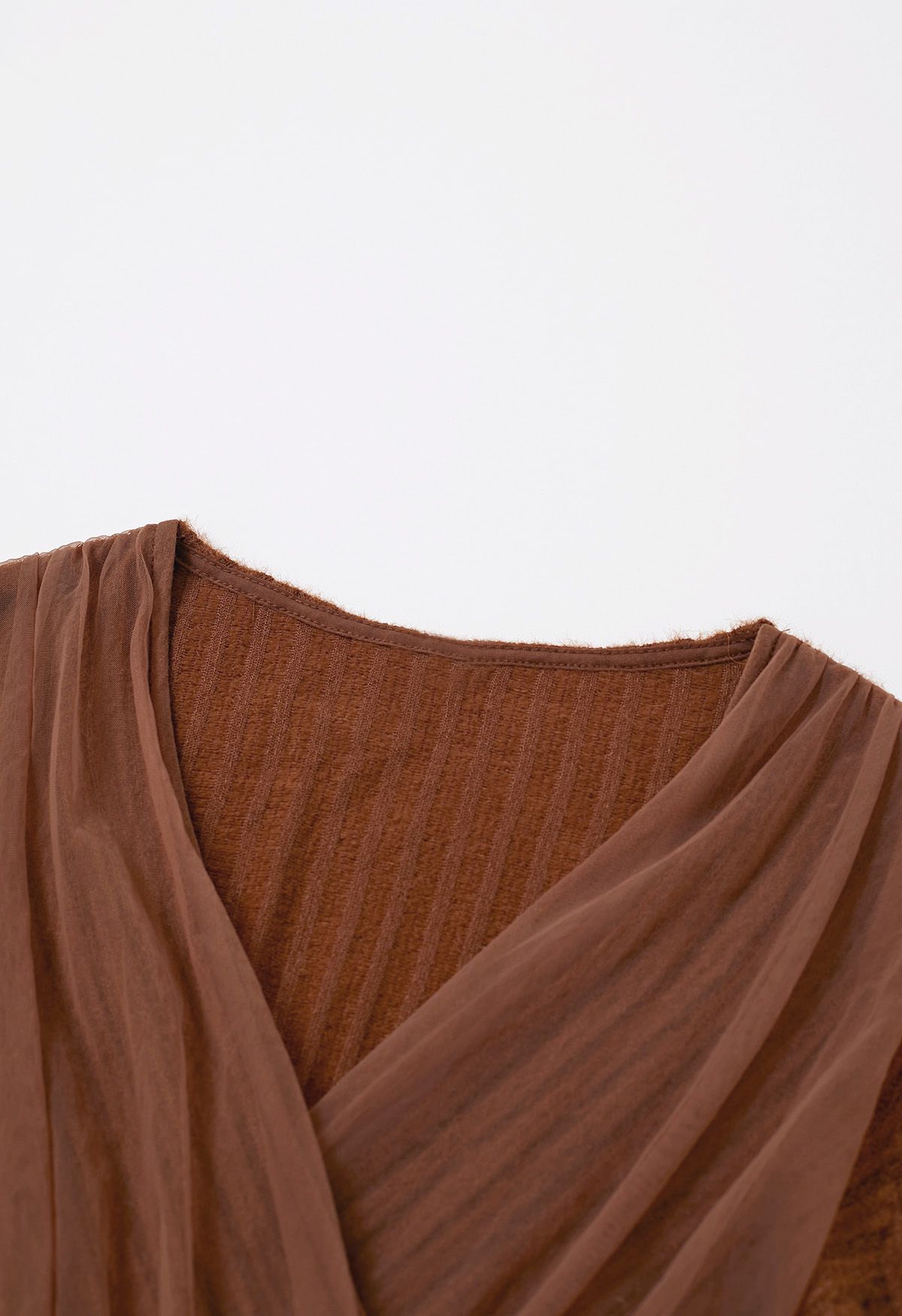 Mesh Spliced Faux-Wrap Knit Top in Caramel