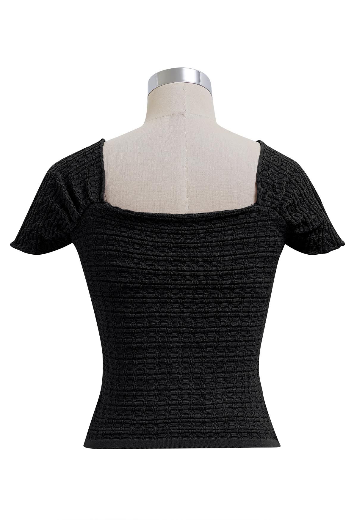 Sweetheart Neckline Shirred Crop Knit Top in Black